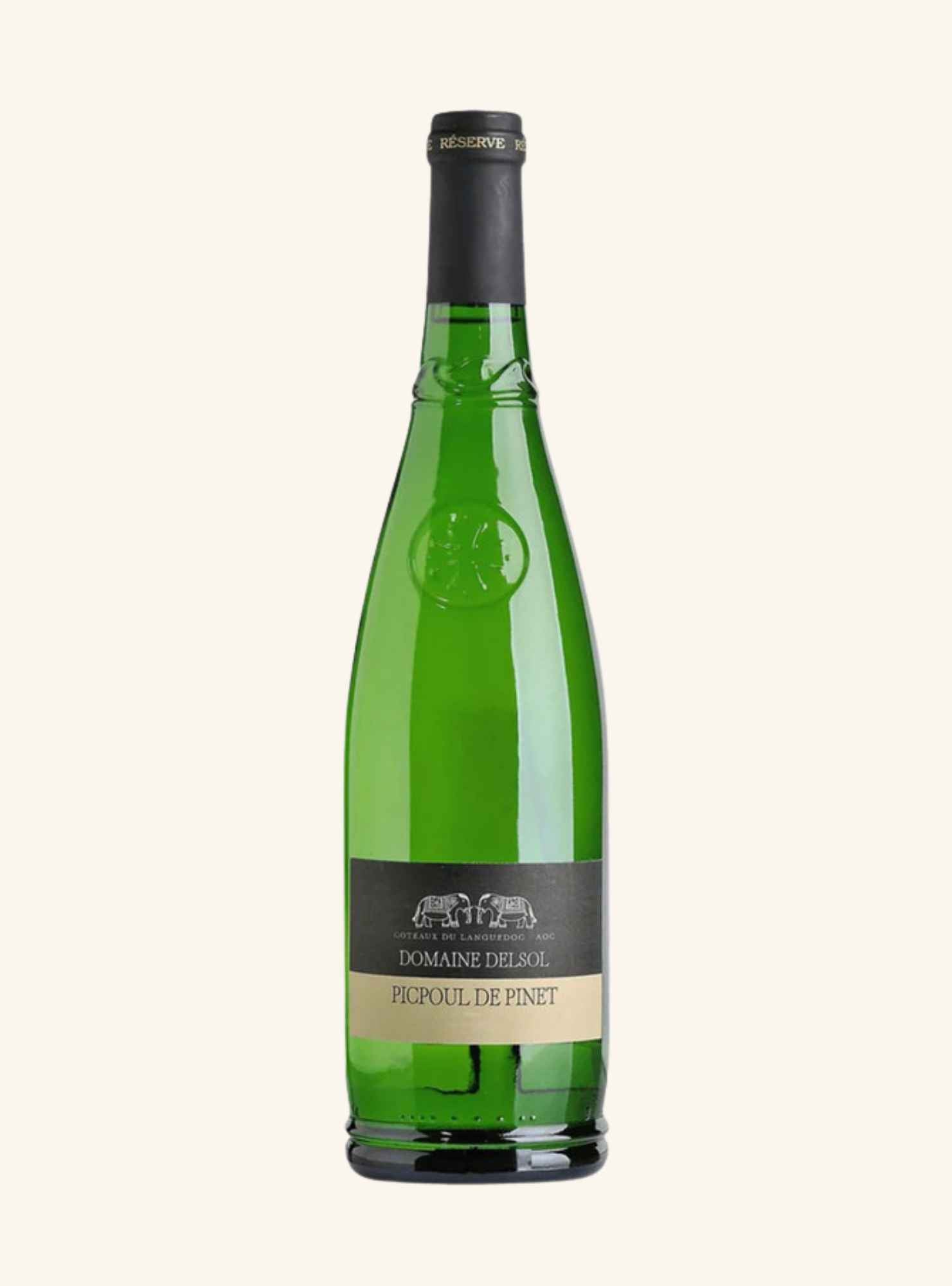 A green glass bottle of Domaine Delsol Picpoul de Pinet white wine, featuring a black label with gold lettering and a black foil capsule, set against a solid off-white background.
