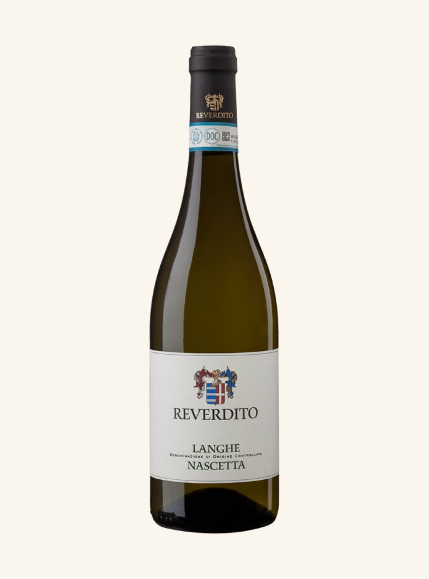 bottle of white wine branded reverdito nascetta on a white background.