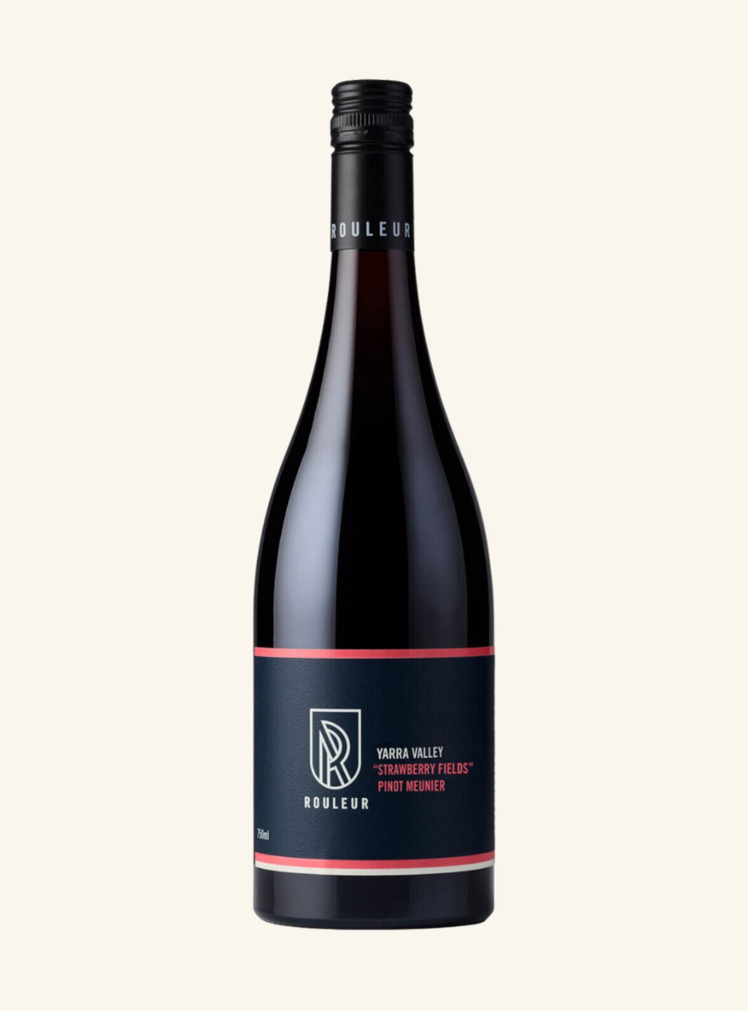 A bottle of Rouleur Yarra Valley 'Strawberry Fields' Pinot Meunier red wine, featuring a dark navy blue label with red accent stripes and white text, set against a solid off-white background.