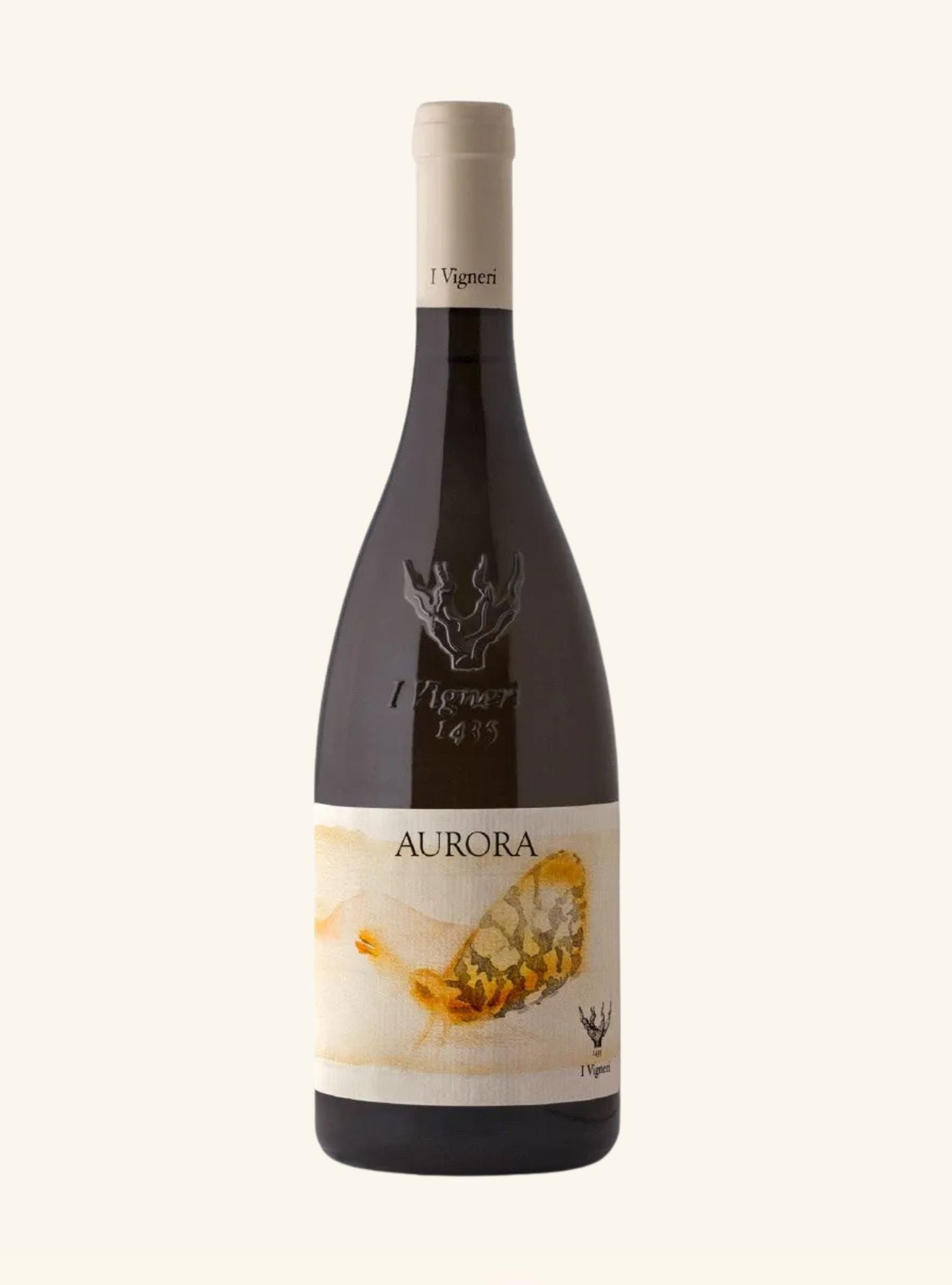 A bottle of Vignori Aurora white wine with a dark glass body, cream-colored label and foil, and a graphic of a golden fish on a light background, set against a solid off-white backdrop.
