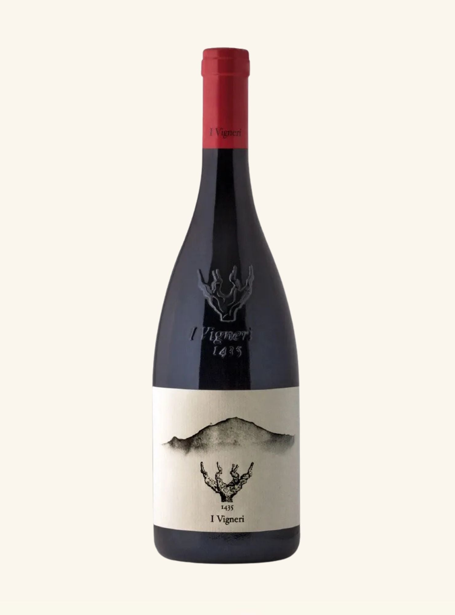 A bottle of I Viperi  red wine with a dark glass body, a cream-colored label featuring a black ink mountain and deer graphic, and a red foil capsule at the top, set against a solid off-white background.