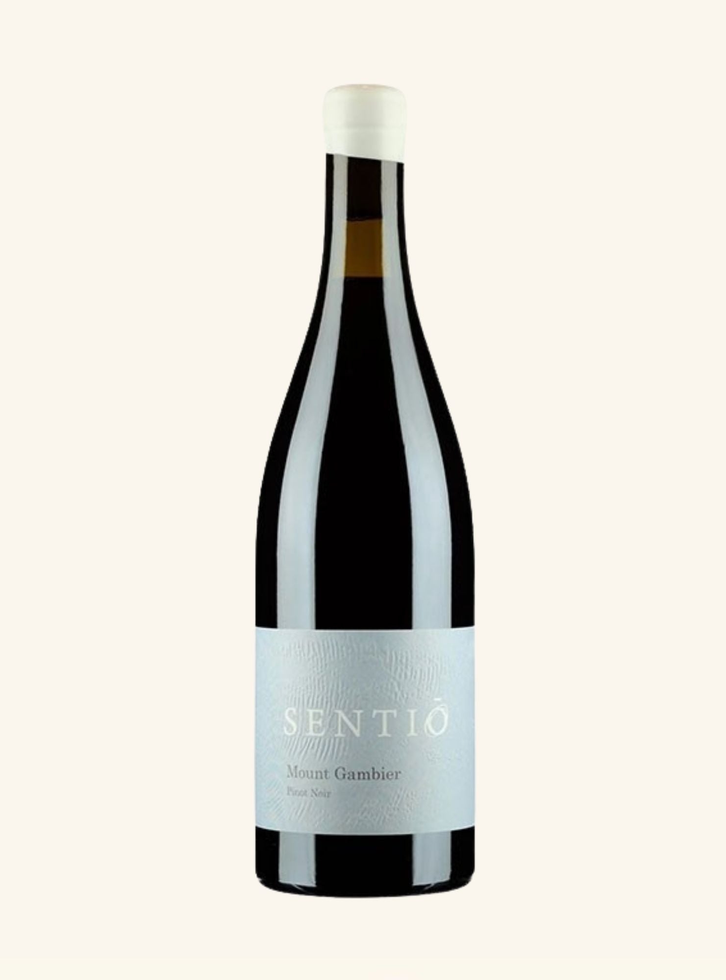 A bottle of SENTIØ Mount Gambier Pinot Noir red wine, featuring a dark glass bottle with a white capsule and a light blue-gray label, set against a solid off-white background.