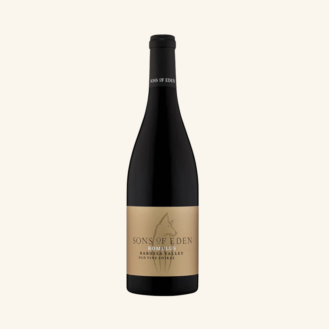 Bottle of Sons of Eden Romulus Old Vine Shiraz wine with a dark label and a gold and white wine description text.