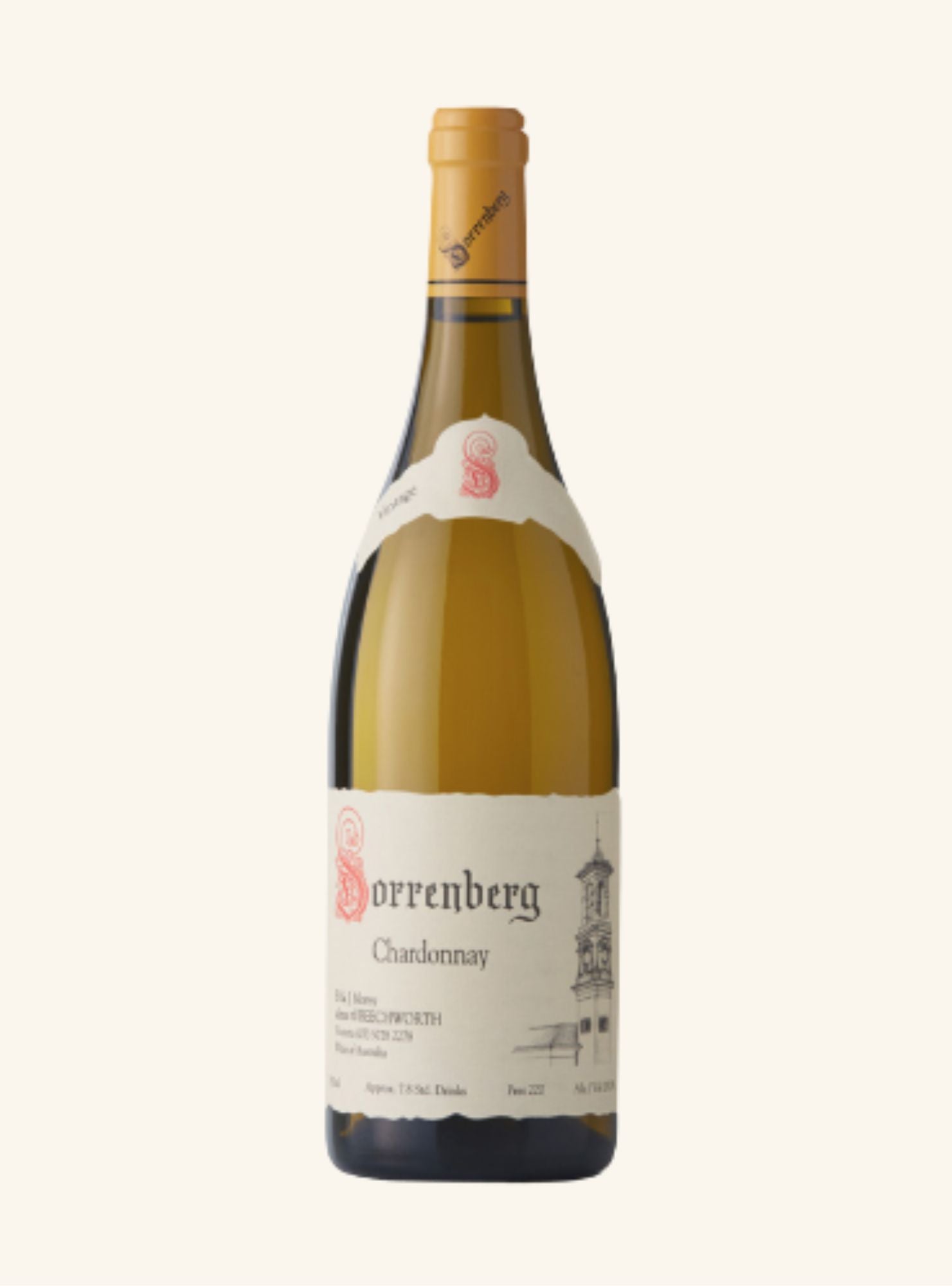 A light amber coloured wine bottle with a beige label and an orange lid set on a white background. 