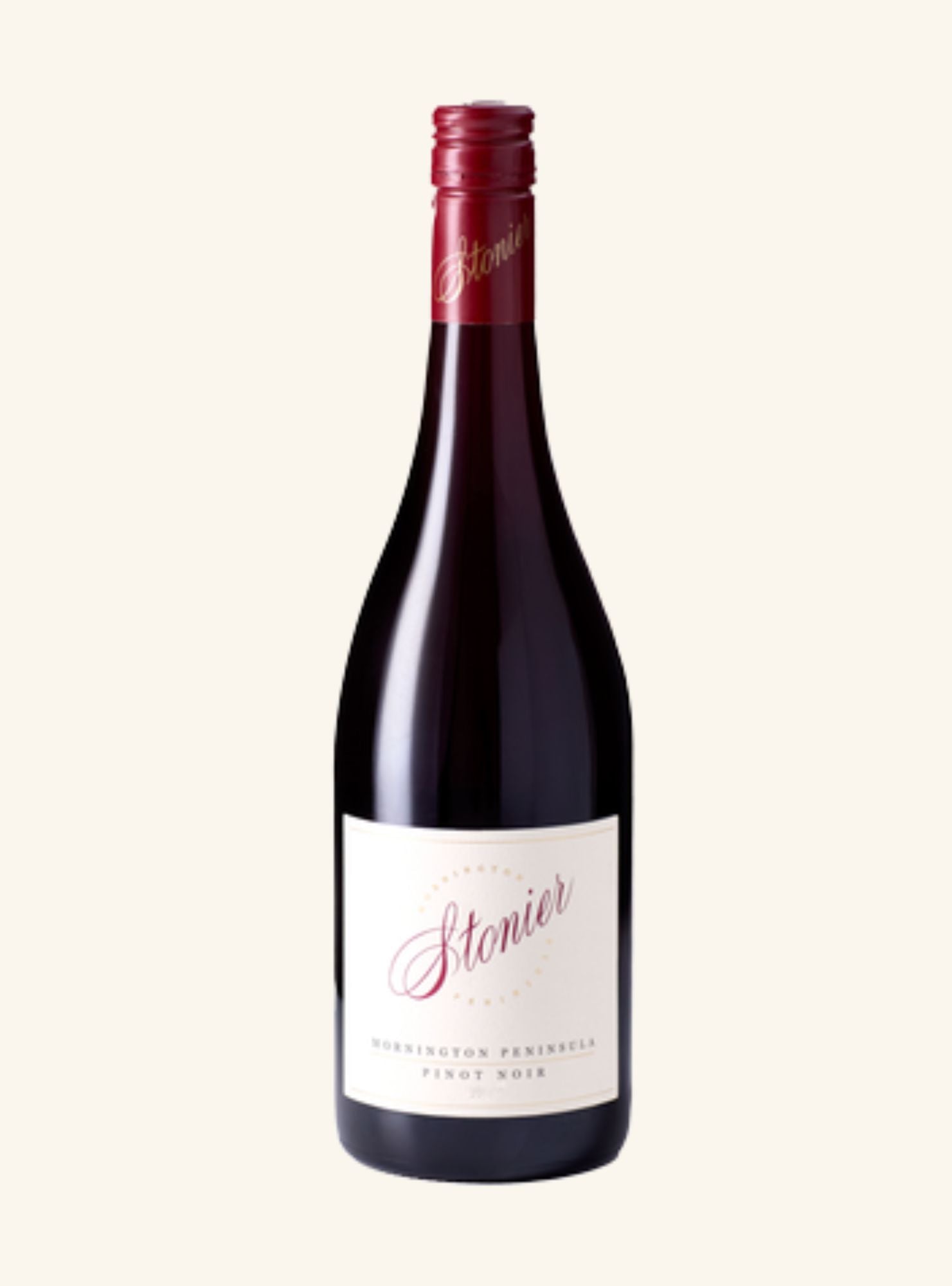 A bottle of Stonier Burgundy Pinot Noir red wine, featuring a dark glass bottle with a white label and a red foil capsule, set against a solid off-white background.