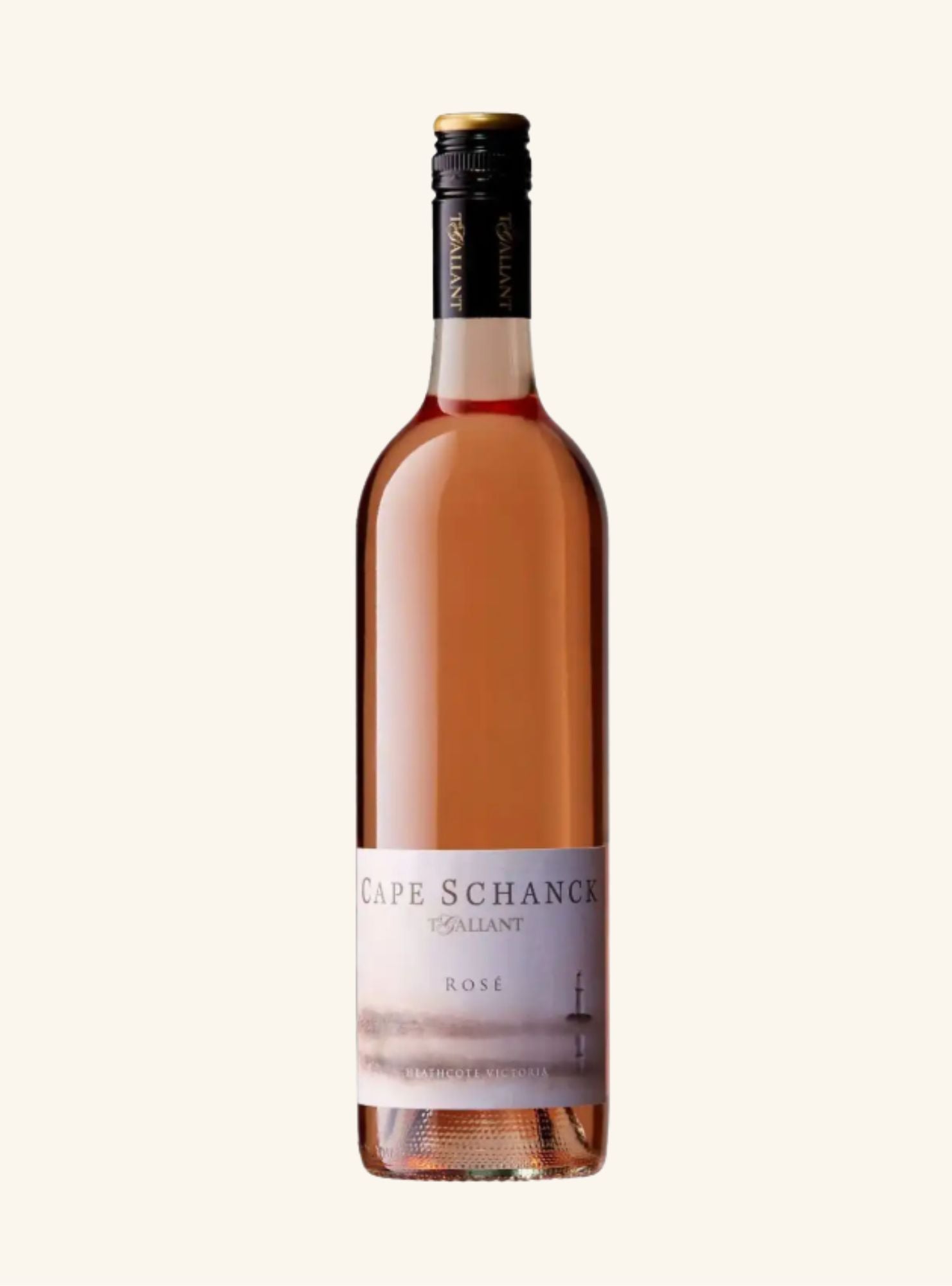 An orange coloured wine bottle with a black screw cap and a white label, set on an off white background. 