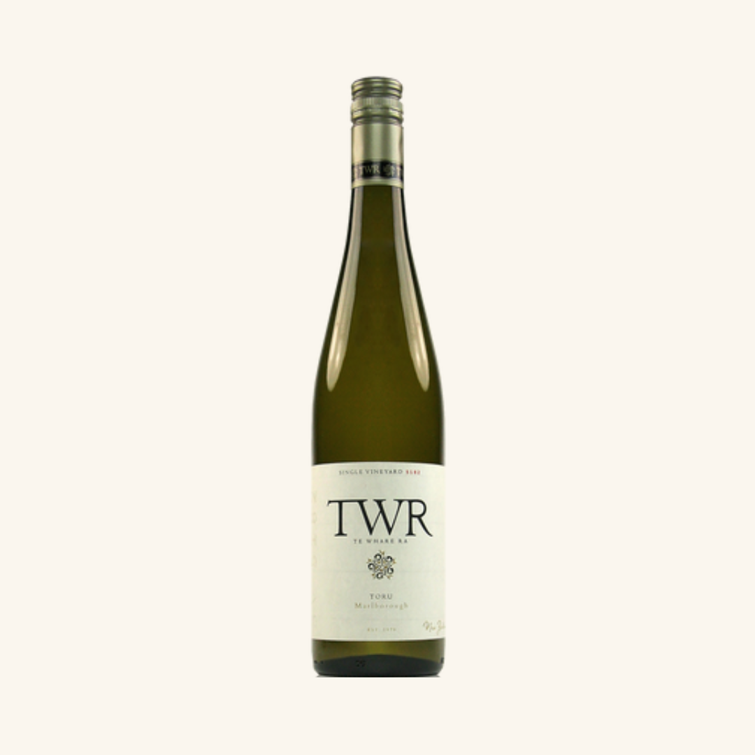 Bottle of Te Whare Ra Toru blend with a white label on a white background.