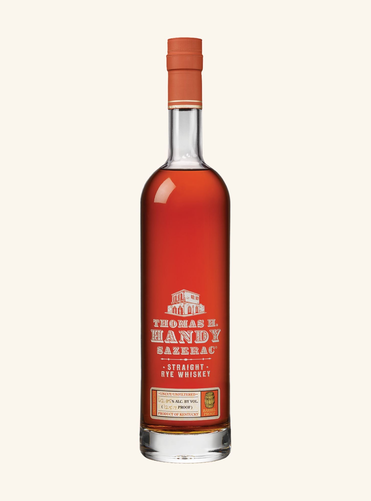 A bottle of Thomas H. Handy Sazerac Straight Rye Whiskey with a red cap and a label indicating its limited edition status.