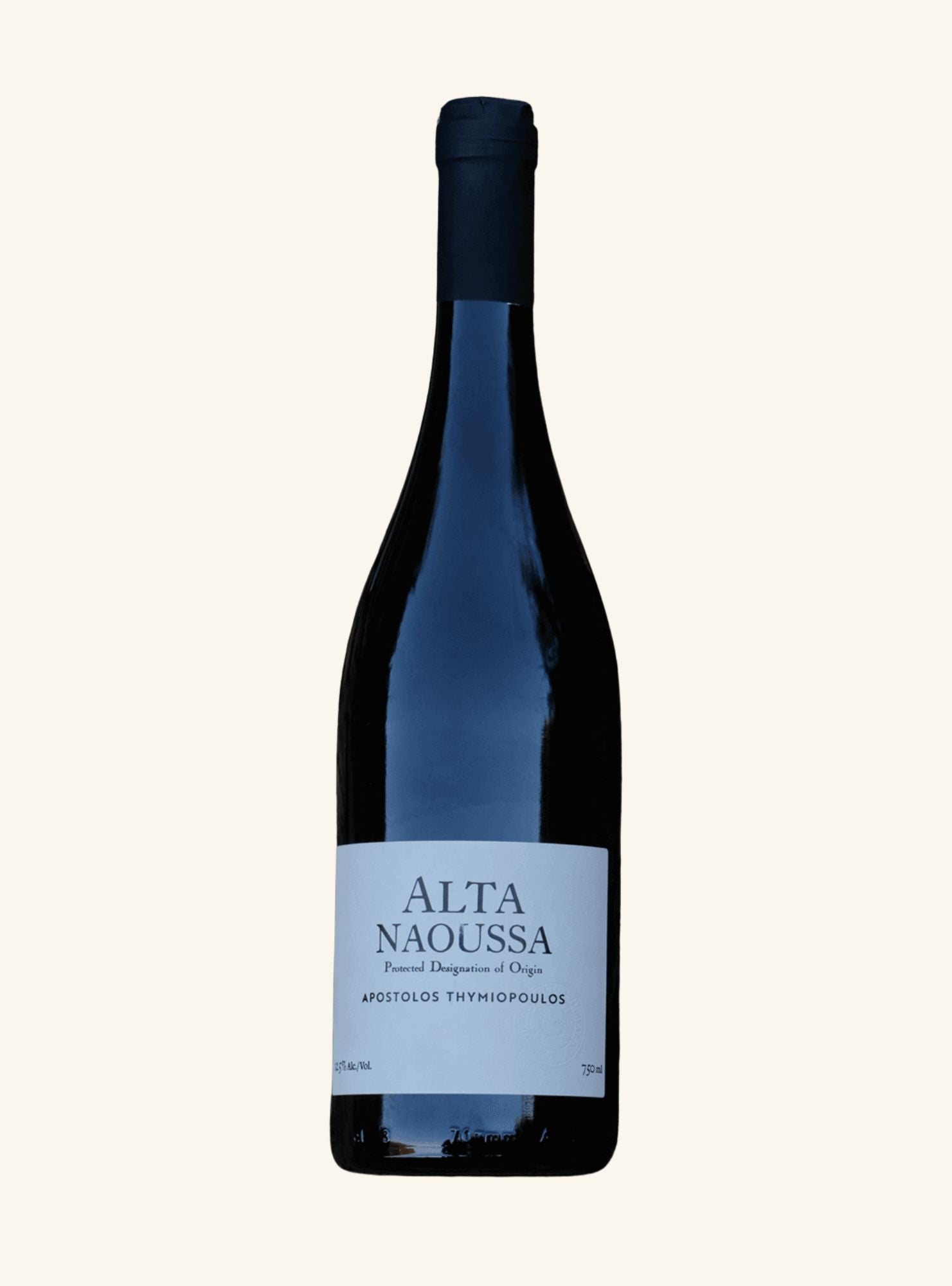 A single bottle of Alta Naoussa red wine from the brand Apotolos Thymiopoulos, set against a solid off-white background.