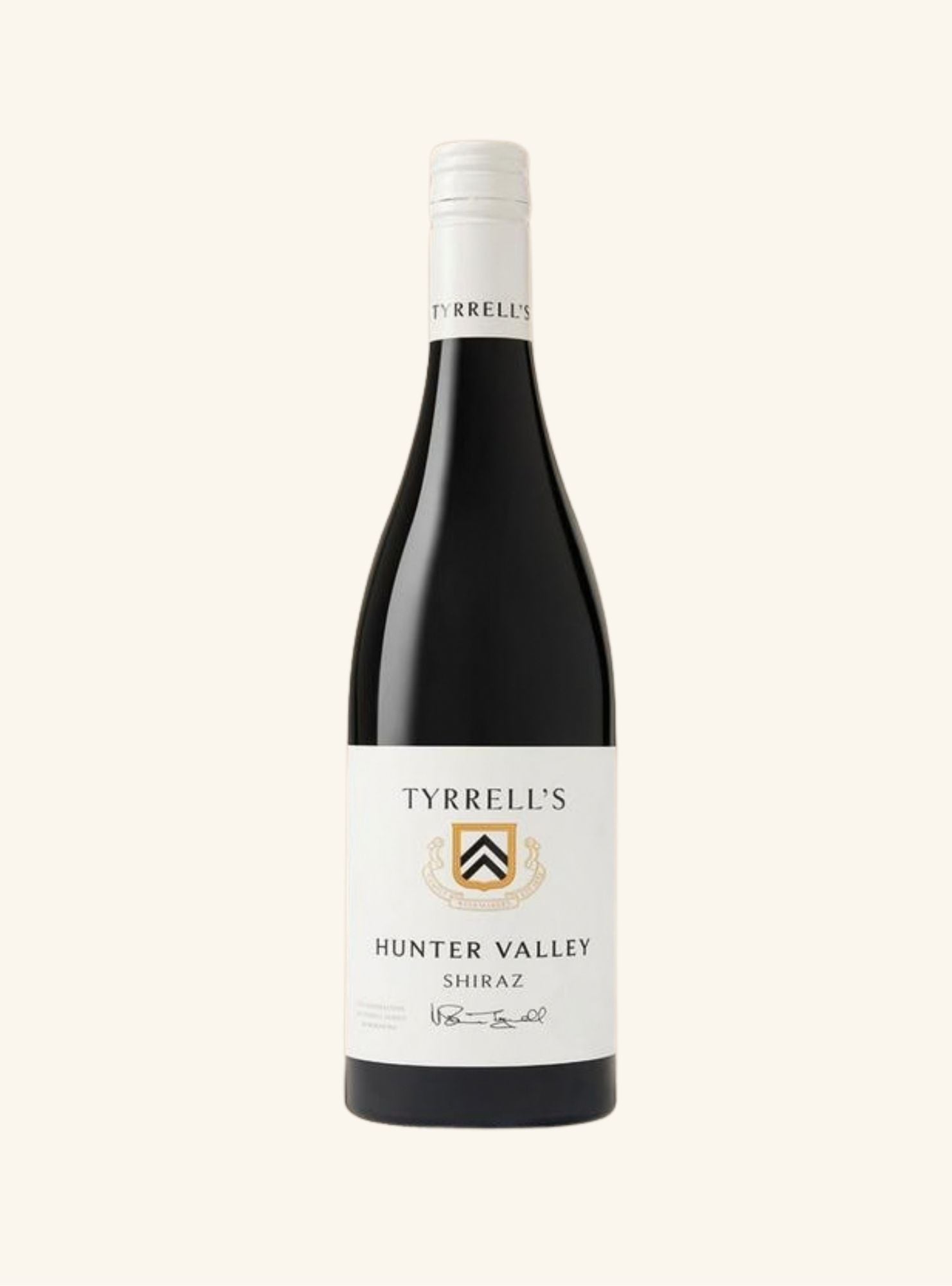 A bottle of Tyrrell's Hunter Valley Shiraz red wine, featuring a dark glass bottle with a white label and white capsule, set against a solid off-white background.