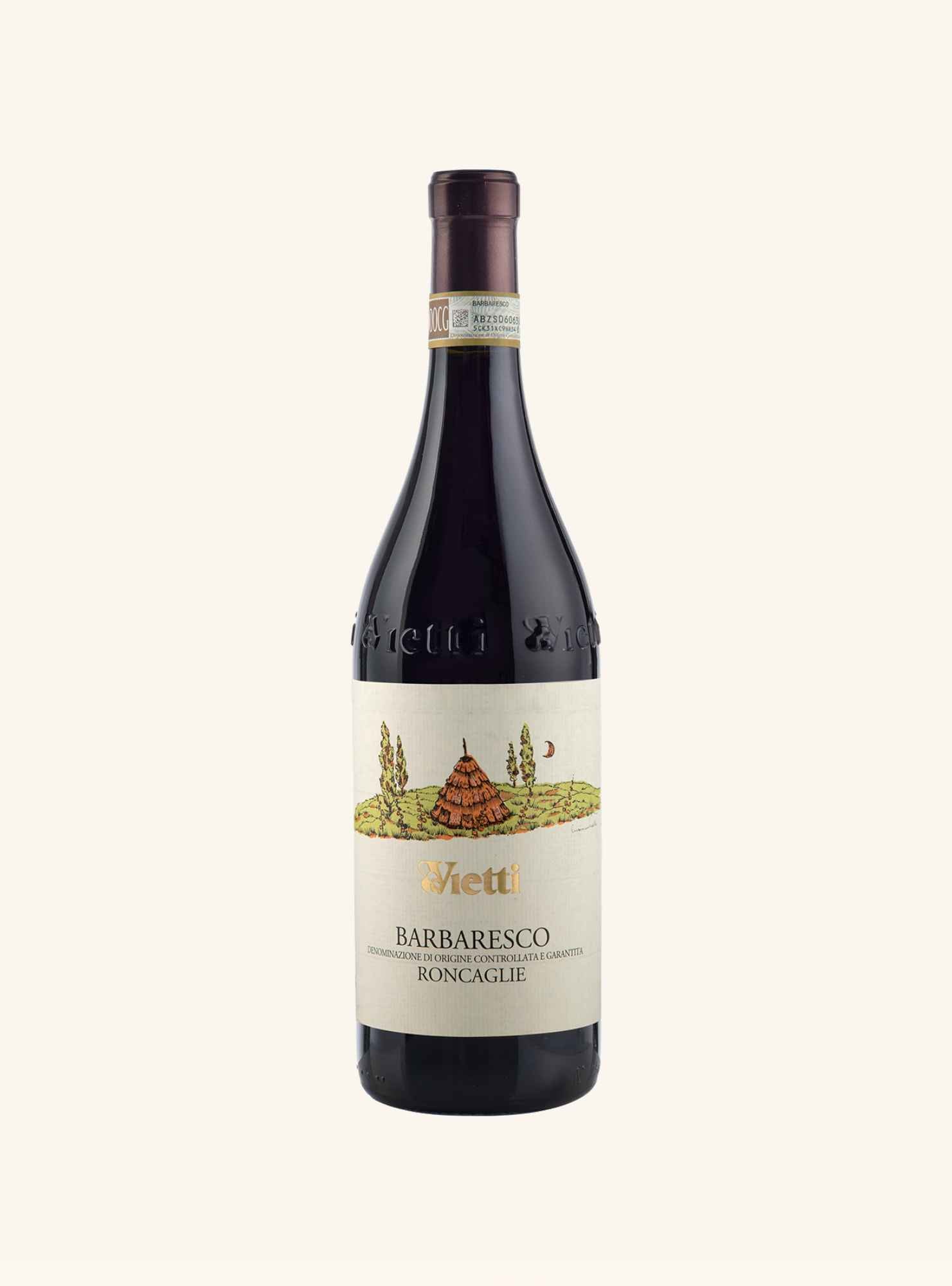 A bottle of Vetti Barbaresco Bongarie red wine with a cream-colored label and a dark brown foil capsule, set against a solid off-white background.