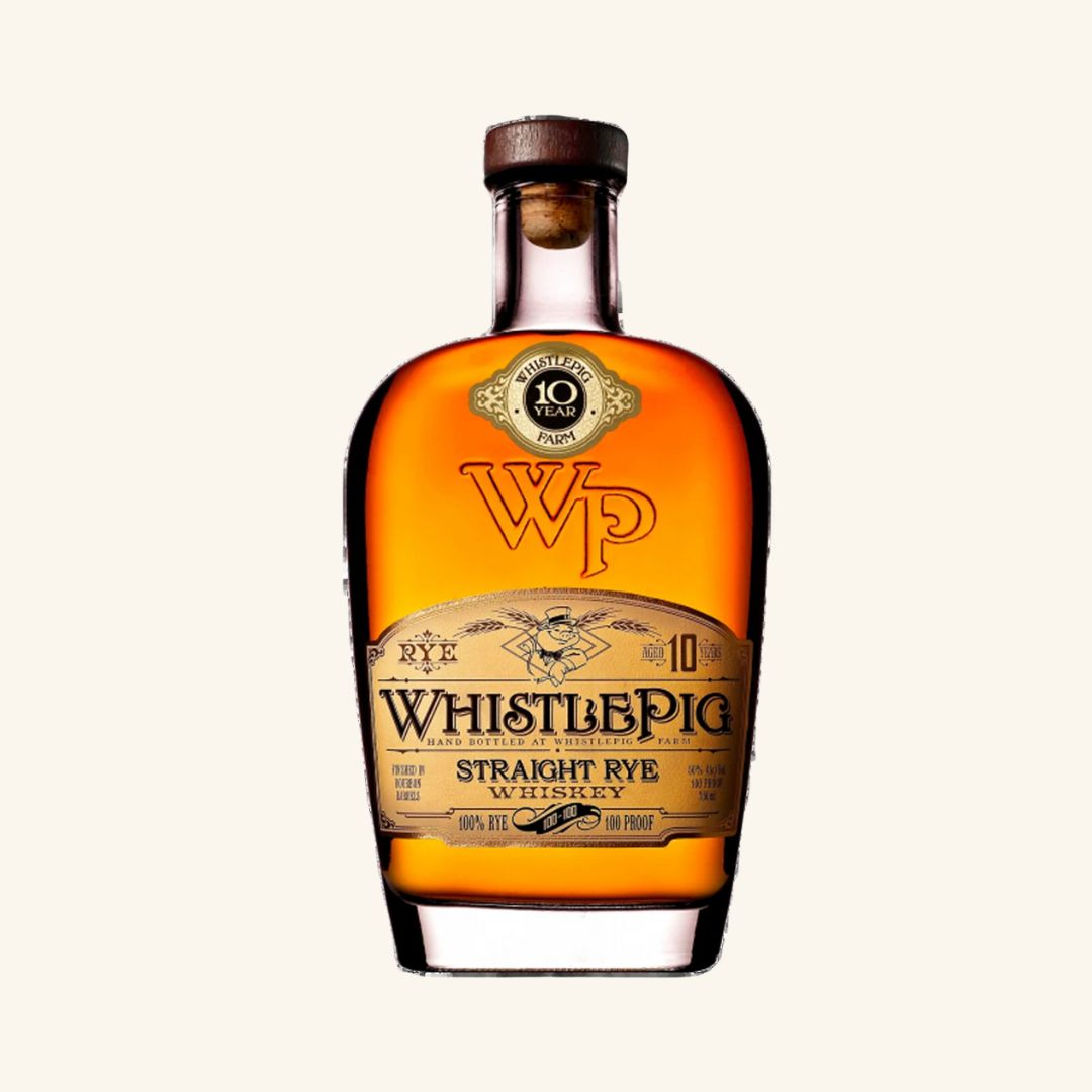 A bottle of Whistlepig 10YO Small Batch Straight Rye Whiskey with a clear label and visible branding on the bottle.