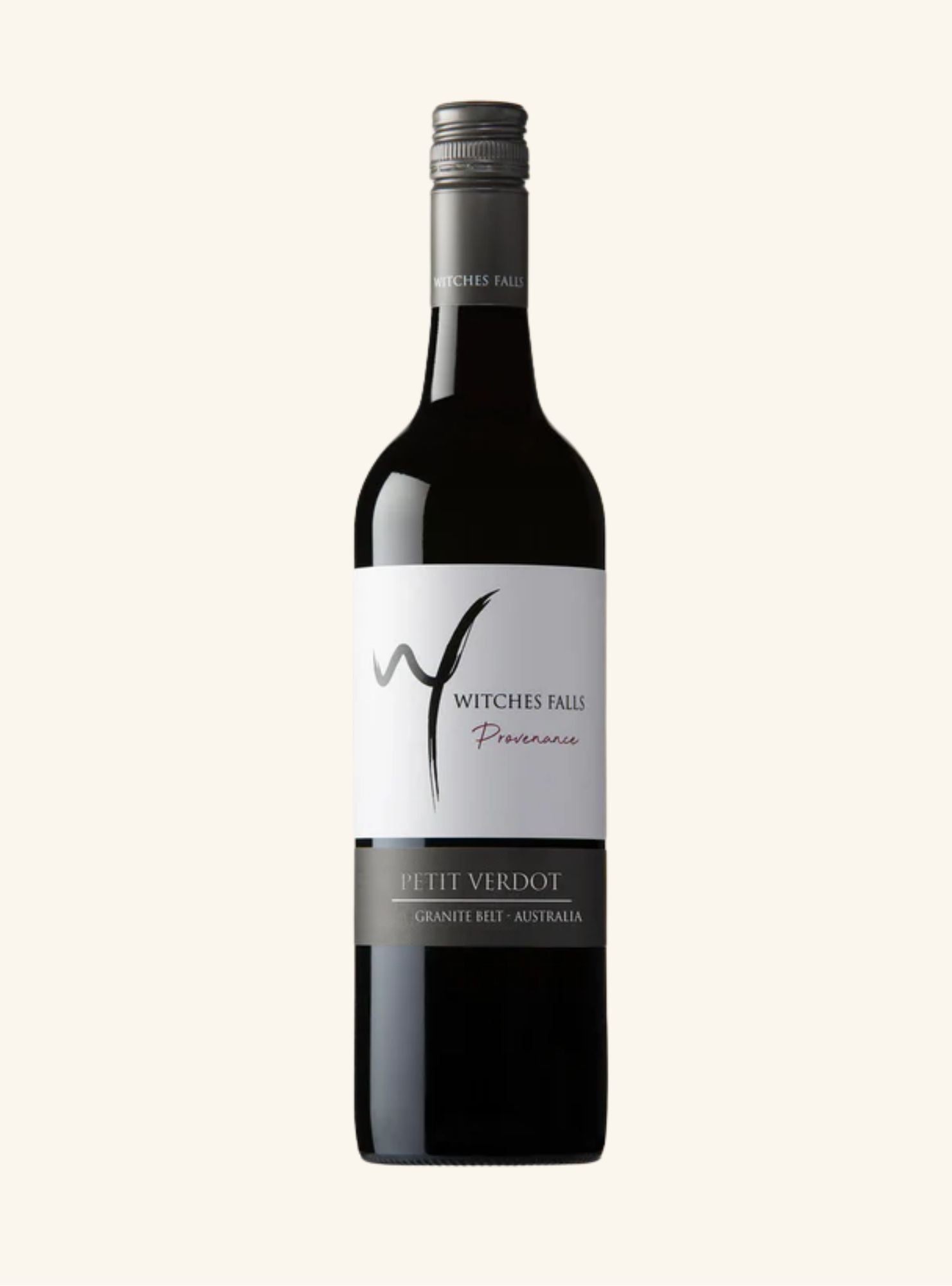 A dark coloured wine bottle with a white label, black writing and a black logo. 