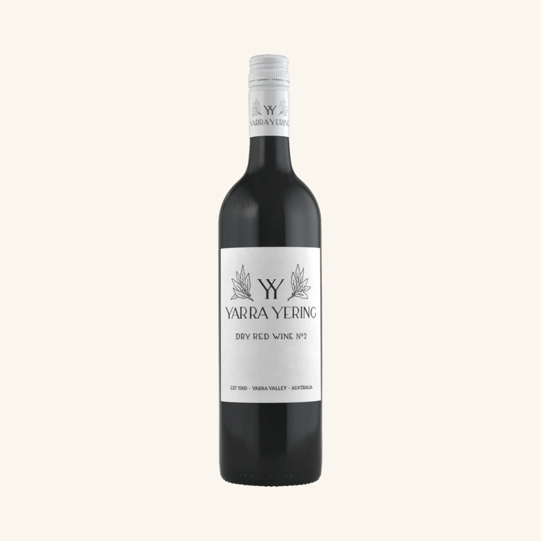 Bottle of Yarra Yering Dry Red No. 2 wine with a white label, black text, and branding elements.