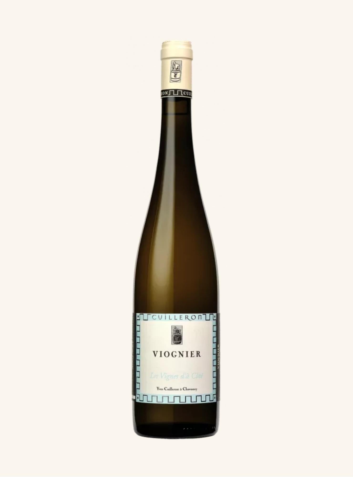 A bottle of Cuilleron Viognier white wine from Rhone Valley, featuring a dark green glass bottle, a cream-colored foil top, and a white label with blue accents, set against a solid off-white background.