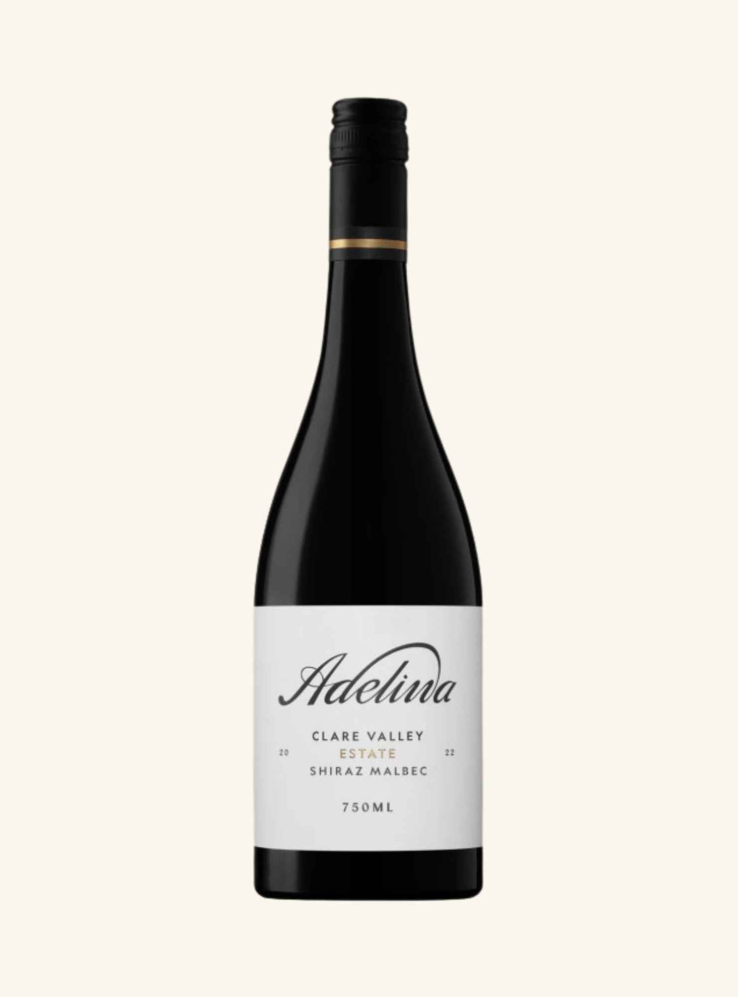 A bottle of Adelina Clare Valley Estate Shiraz Malbec 750ml, featuring a black glass bottle, black cap, and a white label with black text, centered on a light cream background.