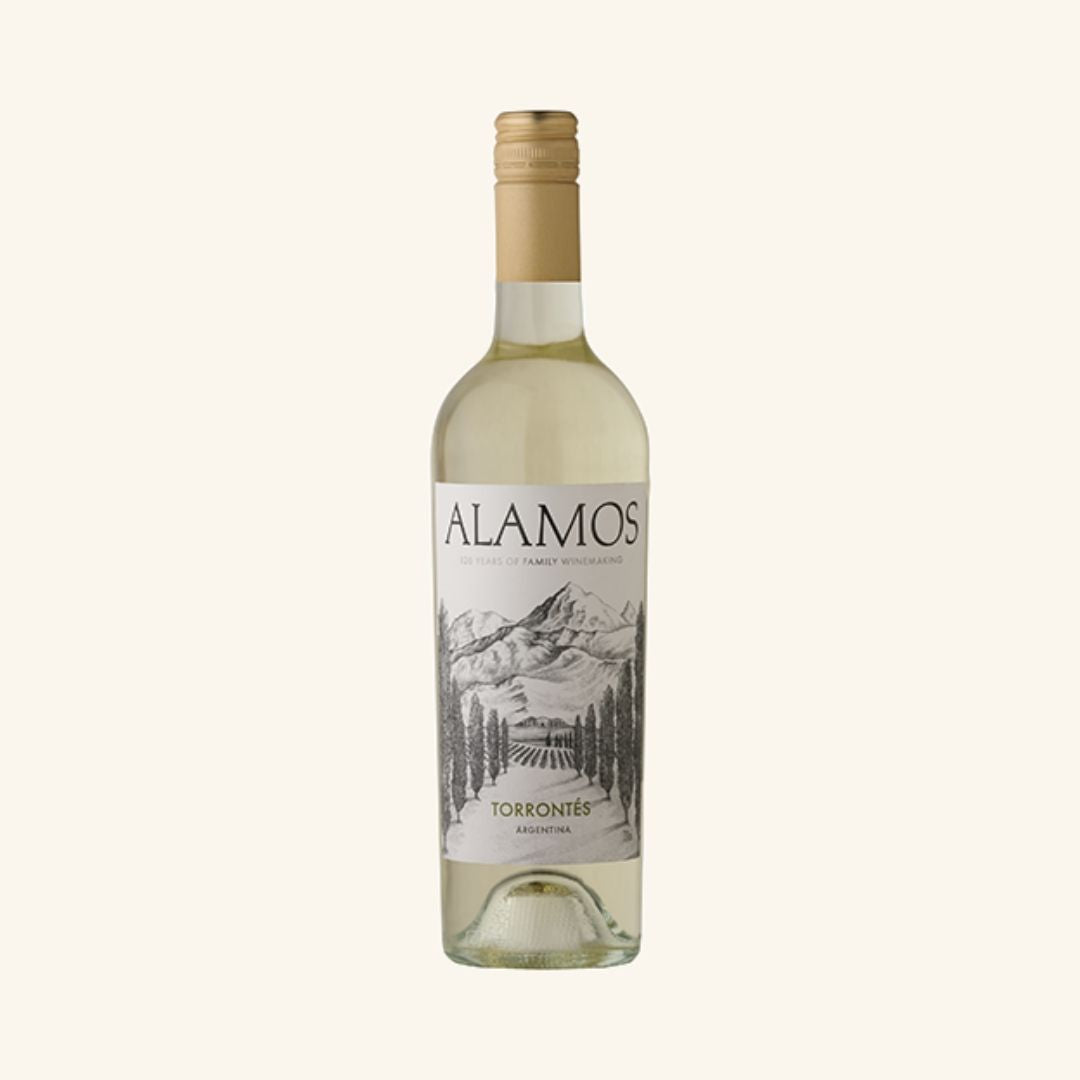 Bottle of Alamos Torrontes wine on a white background