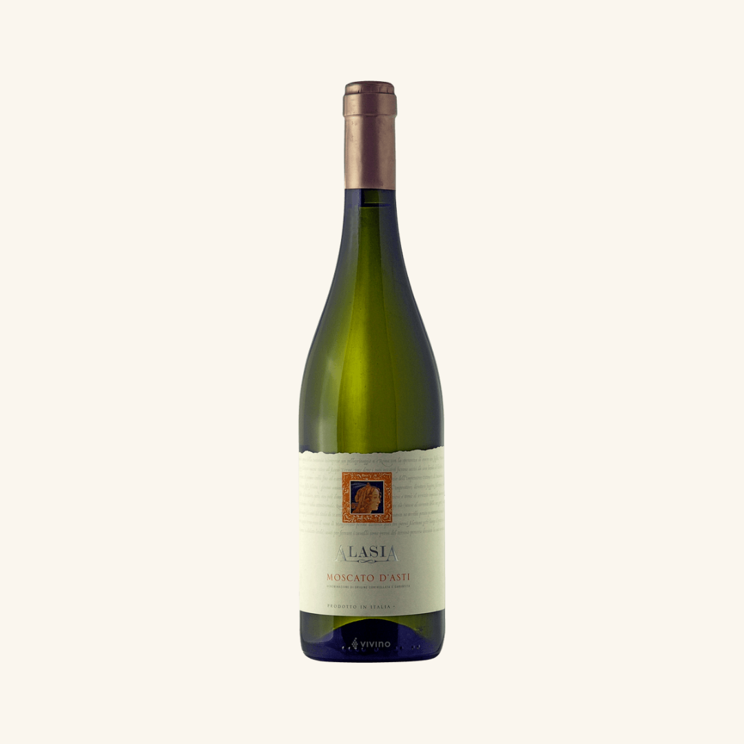 A bottle of Alasia Moscato D'astiwith a white label, blue text, and an orange logo.