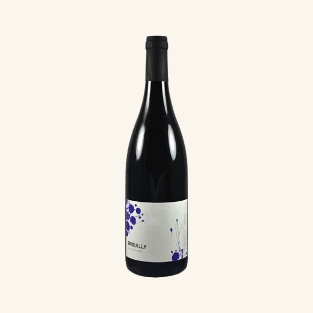 Wine bottle with a label branded brouilly on a white background