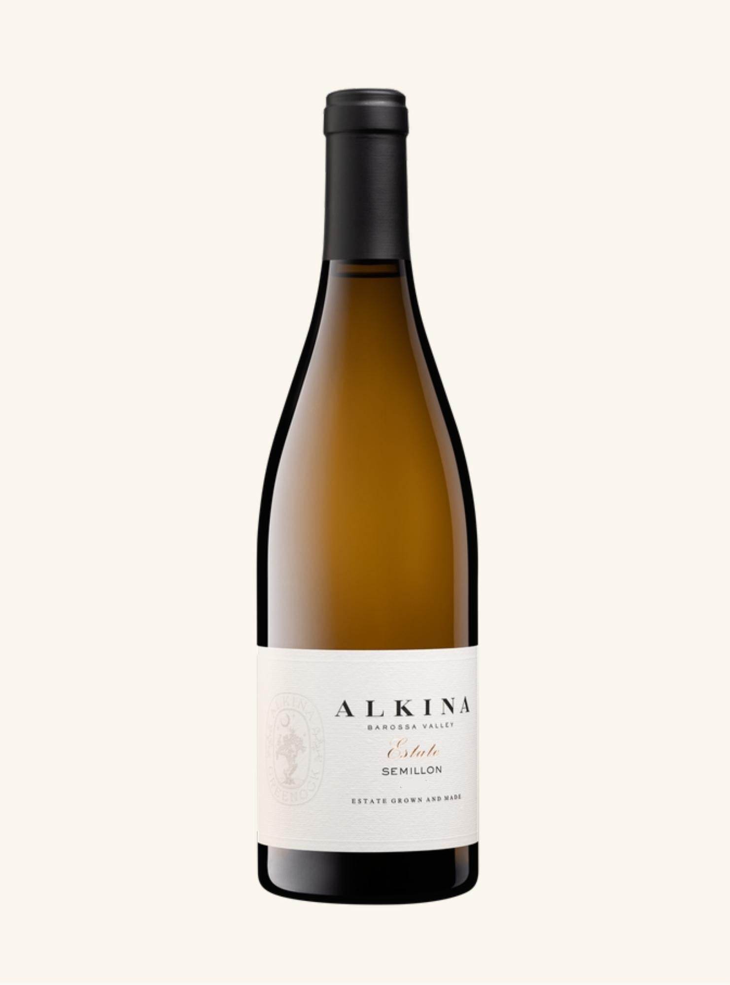 Wine bottle with 'Alkina estate semillon' label on a white background