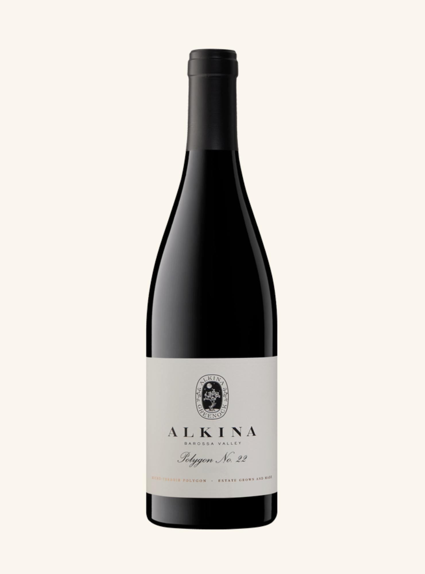 Wine bottle with a label branding Alkina polygon no22 on a white background