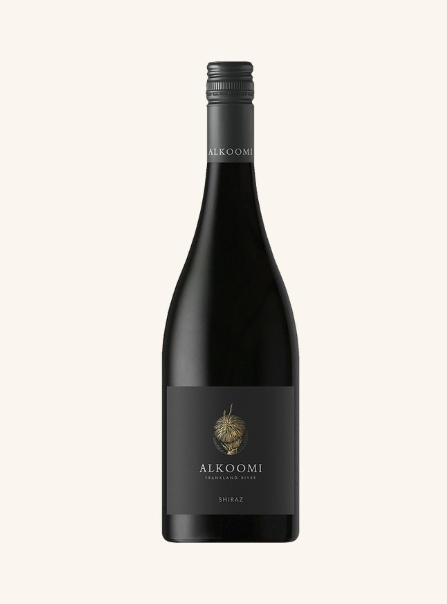 Black wine bottle with 'Alkoomi frankland river shiraz' label on a white background
