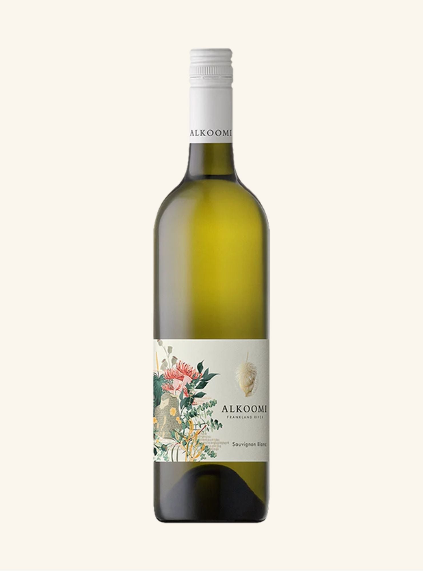 Wine bottle with a decorative label branded Alkoomi Frankland River Sauvignon Blanc on a white background
