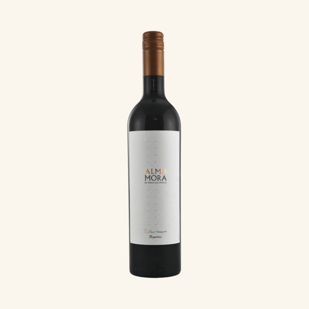 Bottle of Alma Mora Malbec red wine with a white label, from Mendoza, Argentina.