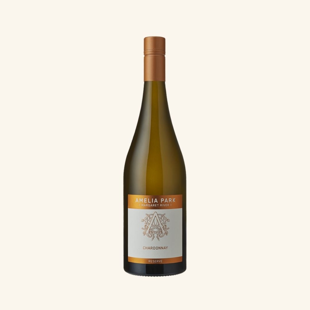 Wine bottle with a label branded amelia park reserve chardonnay on a white background