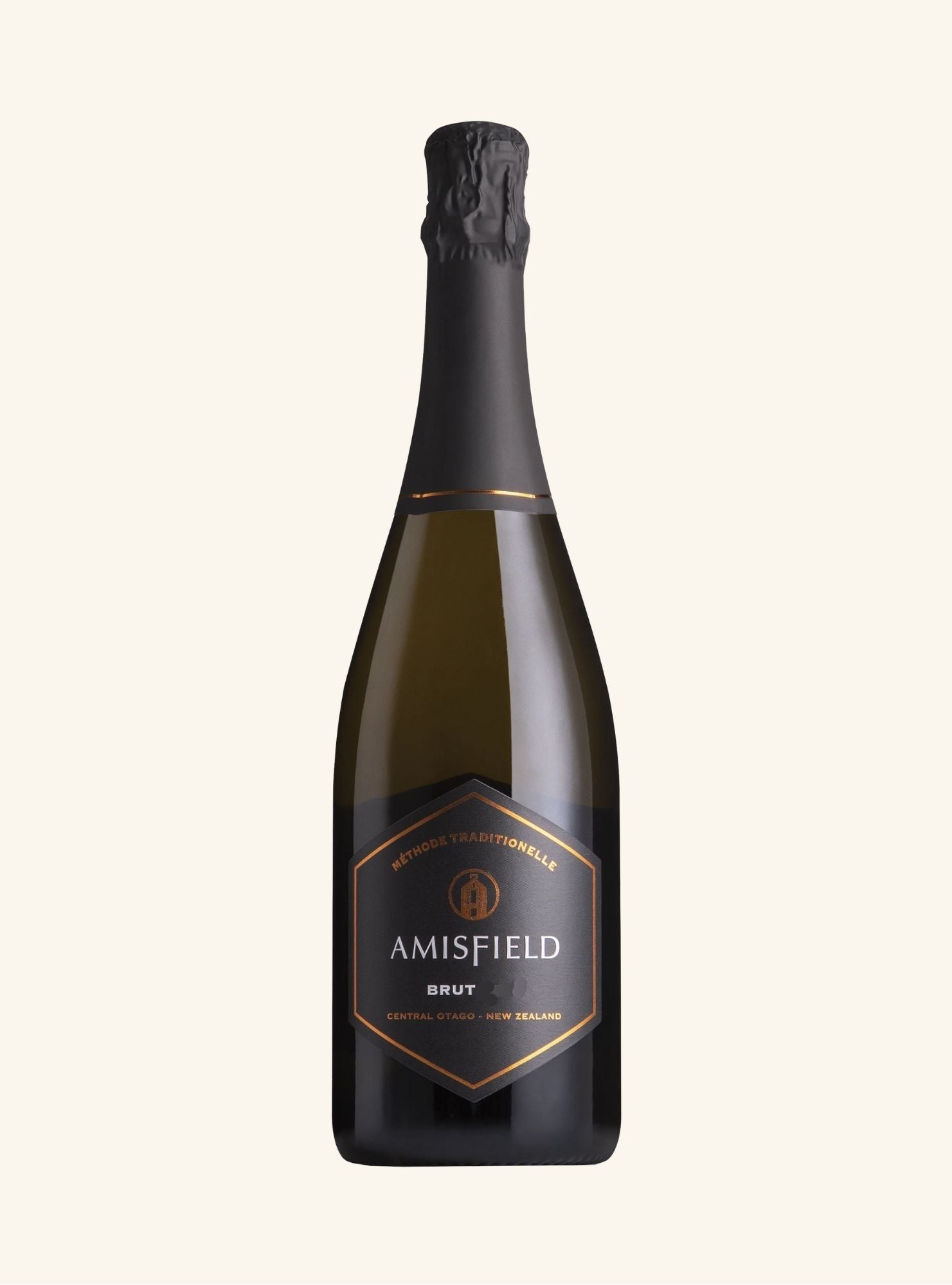 bottle of amisfield sparkling brut with a dark grey label with the brand and wine details on a white background