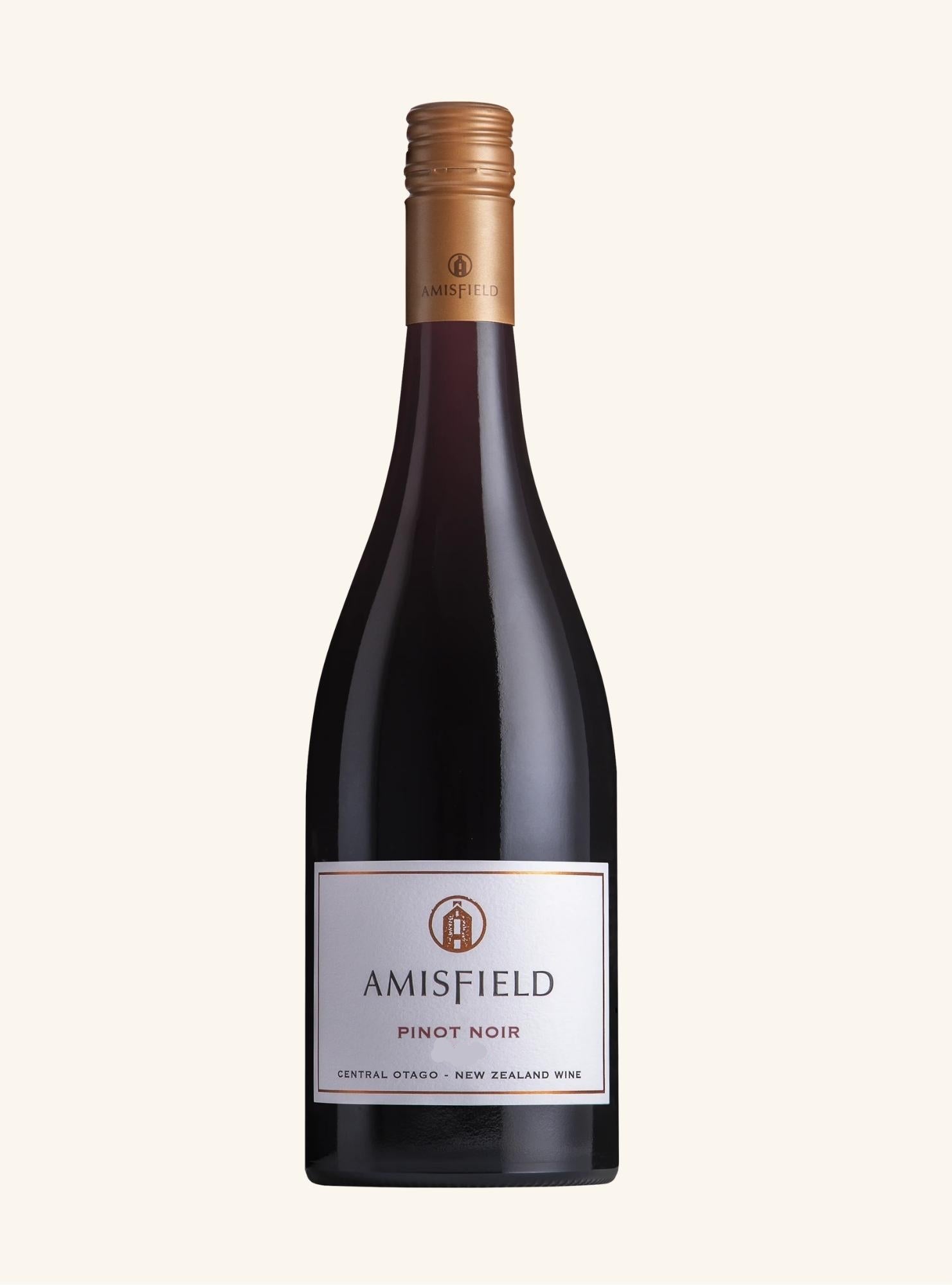Amisfield Pinot Noir wine bottle on a white background