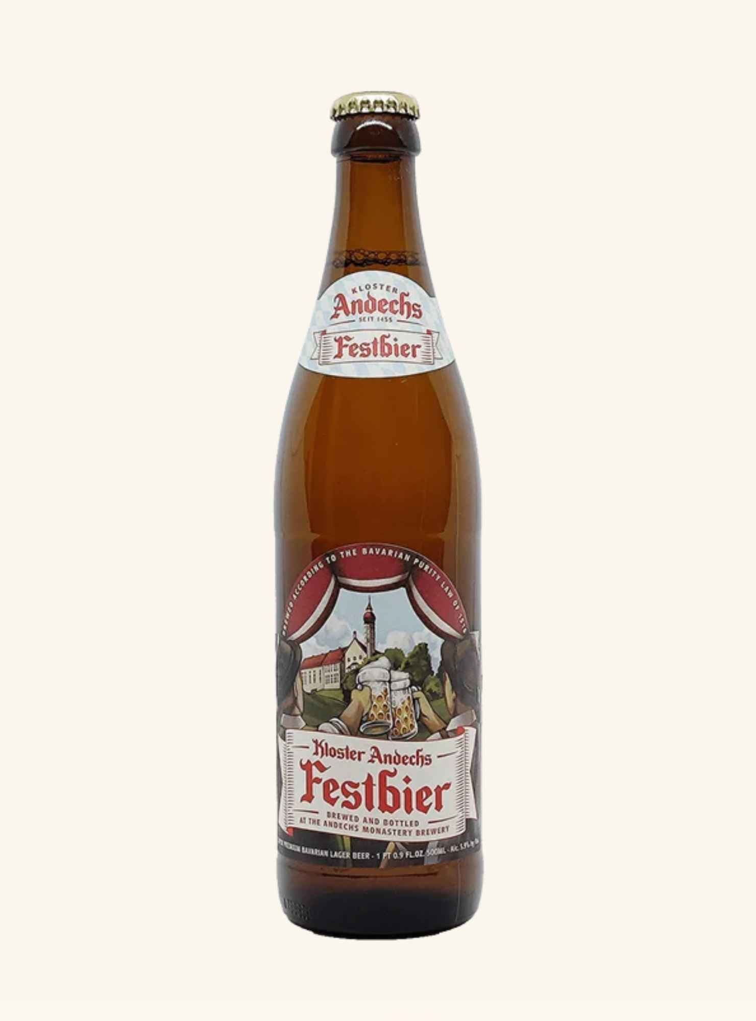 A single brown glass bottle of Kloster Andechs Festbier beer, featuring a detailed label and a gold crown cap, set against a plain off-white background.