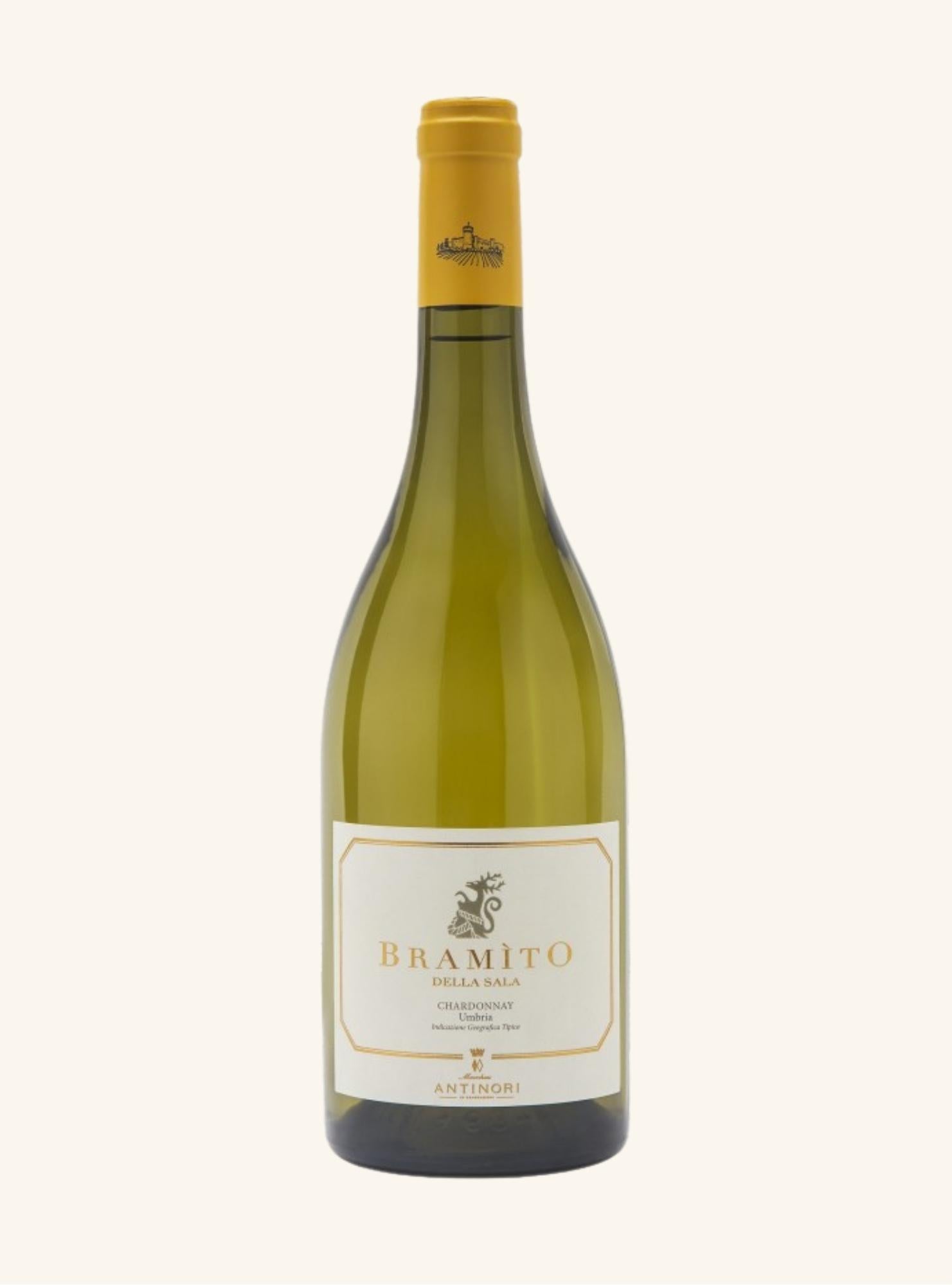 Bottle of Bramito chardonnay della sala white wine on a white background