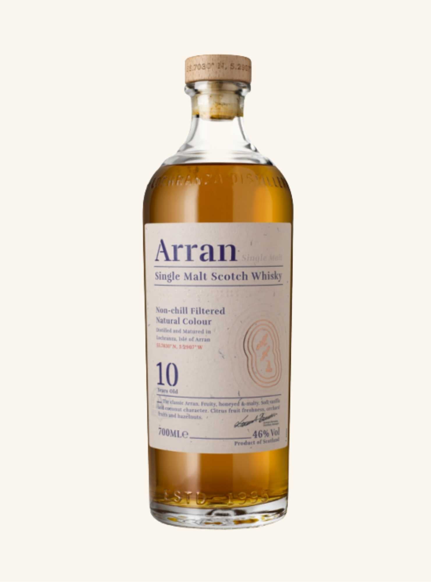 10 year old Arran Single Malt Scotch Whisky bottle on a white background
