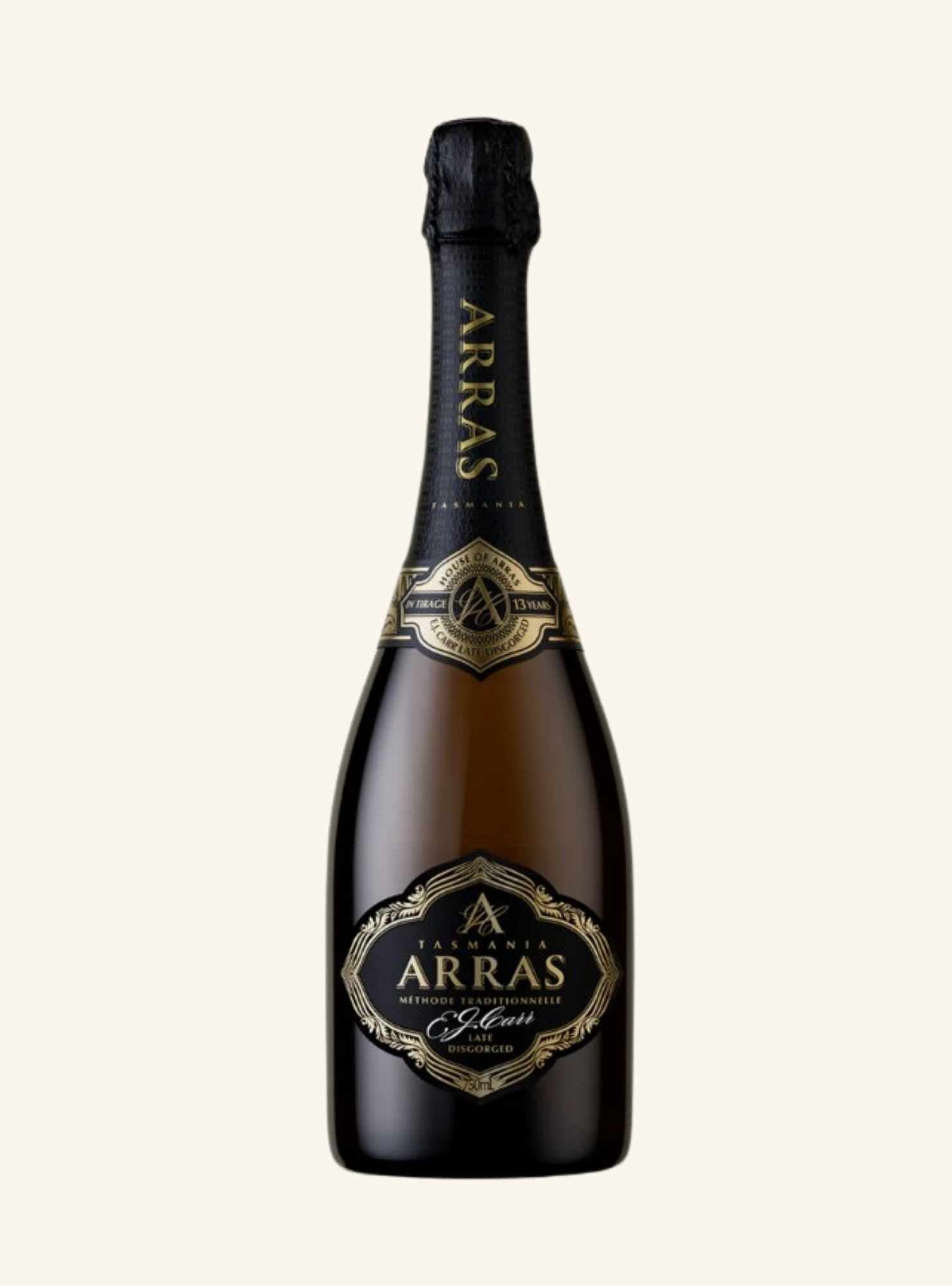 Bottle of Arras late disgorged sparkling wine with gold trim on a black label on a white background