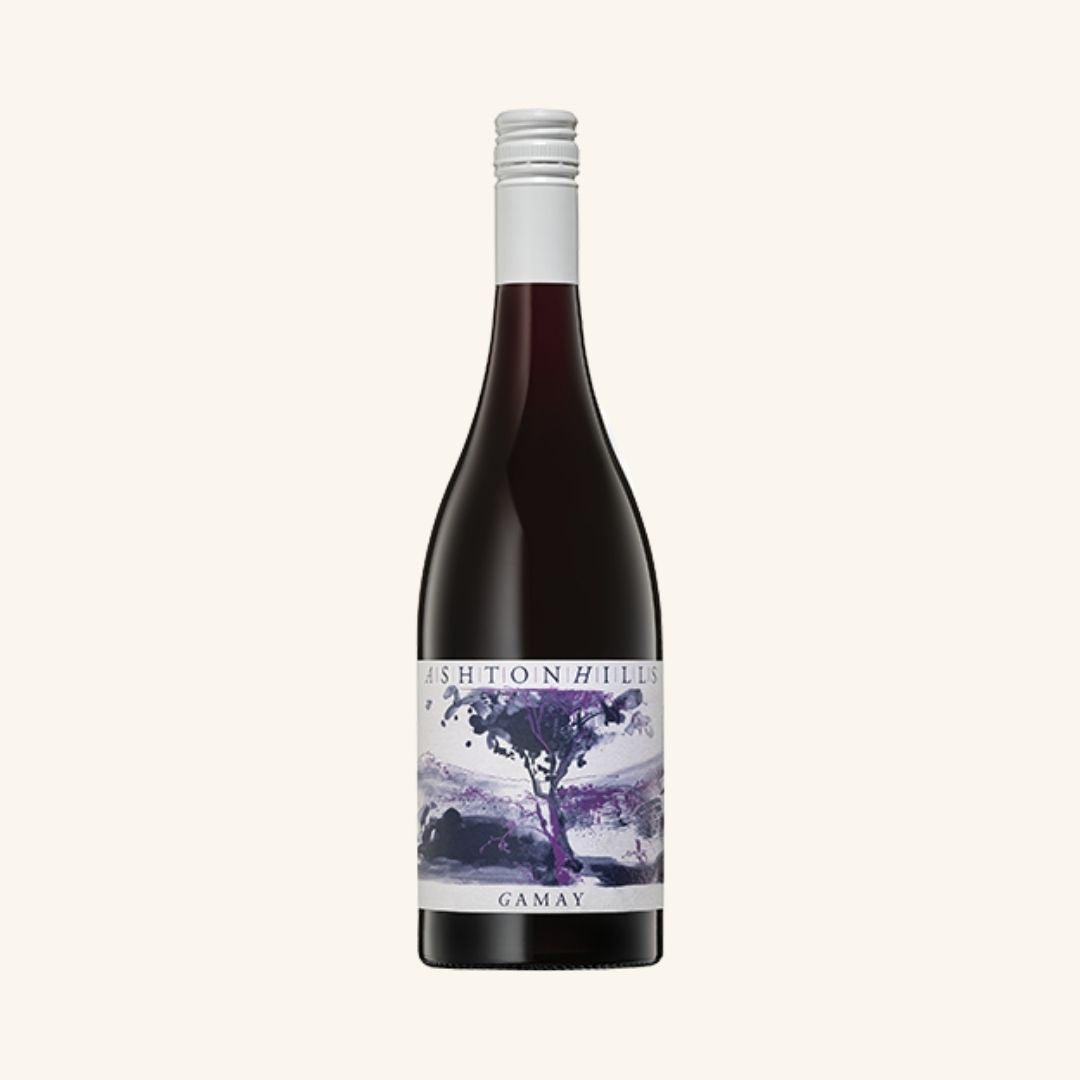 Wine bottle with a label branded ashton hills gamay on a white background