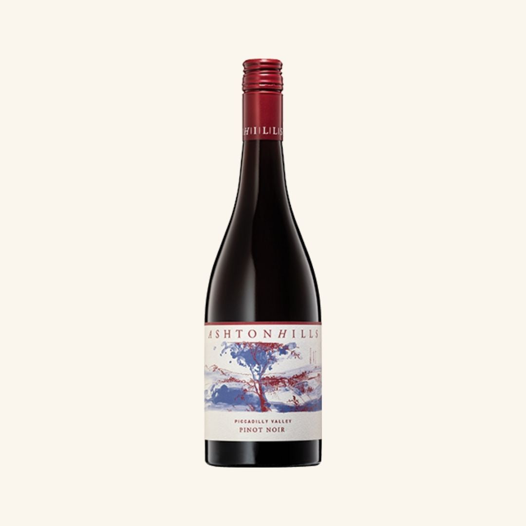 Wine bottle with a label branded Ashton Hills Pinot Noir on a white background