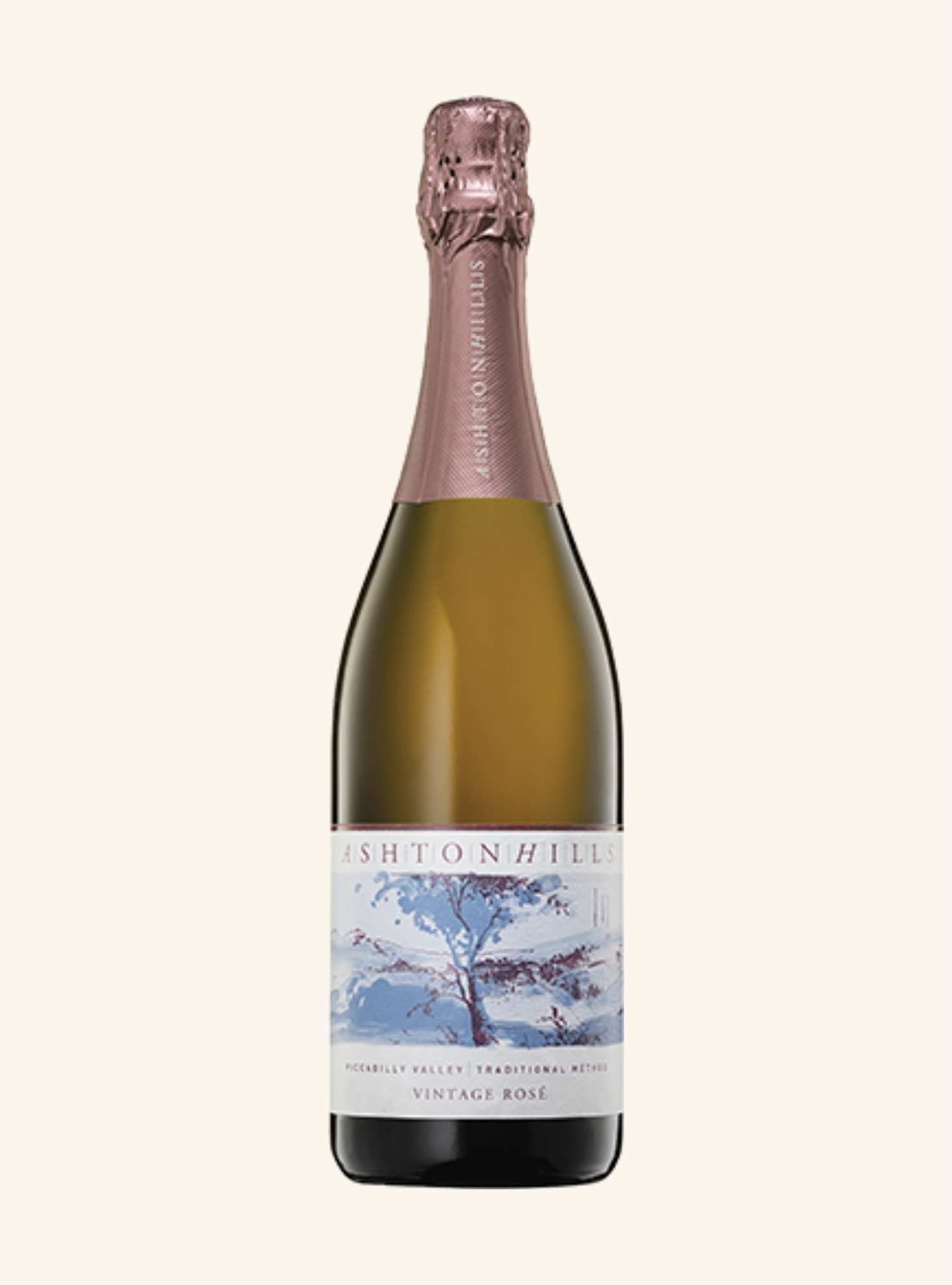 Bottle of Ashton Hills Vintage Rosé wine on a white background