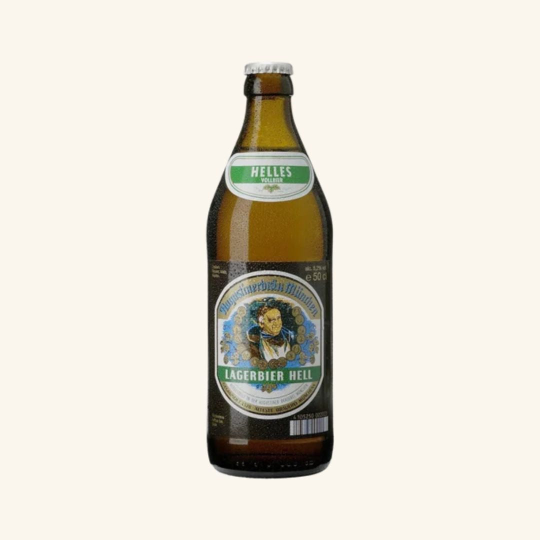 Helles beer bottle with a label branded lagerbier hell on a white background