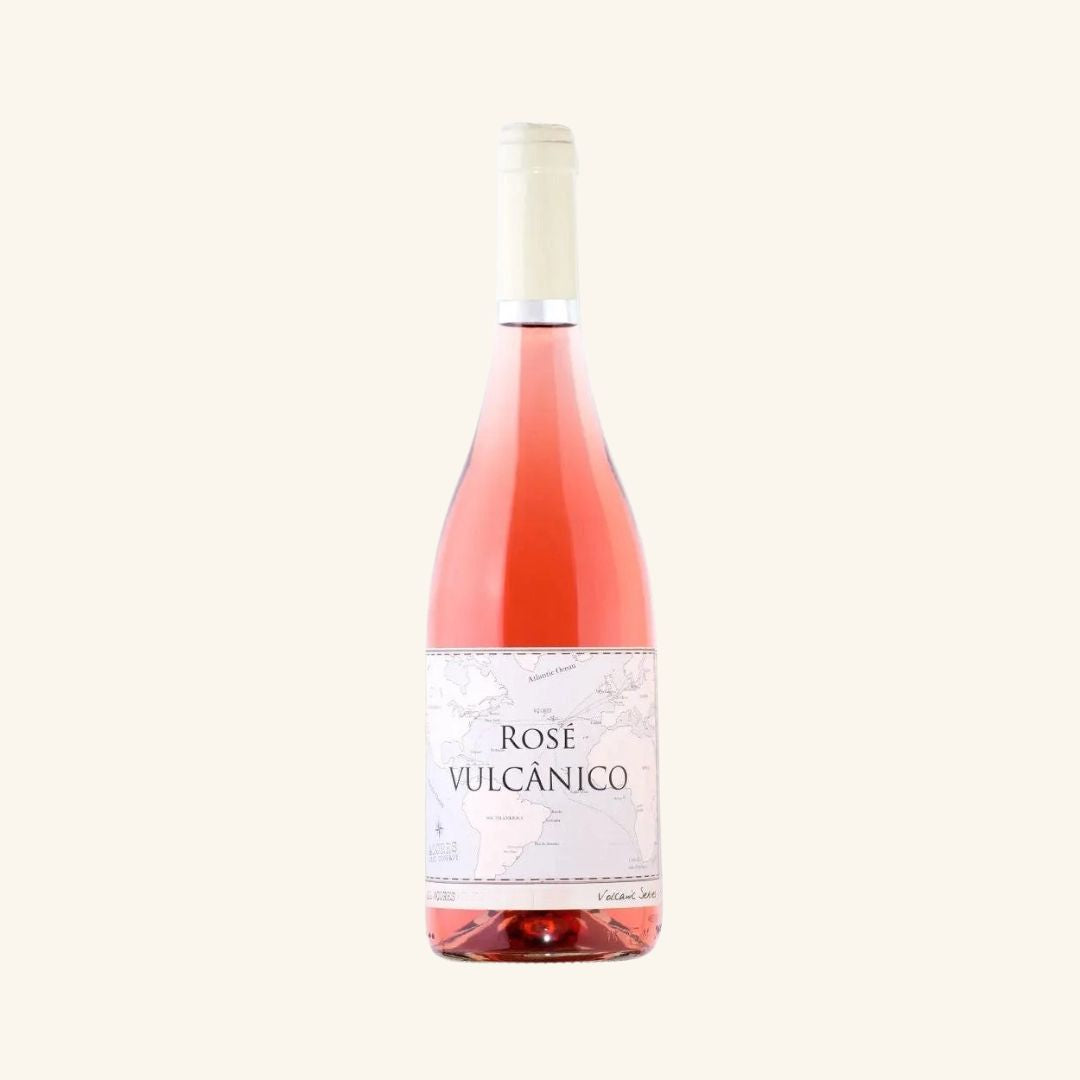 Rose Vulcánico wine bottle on a white background