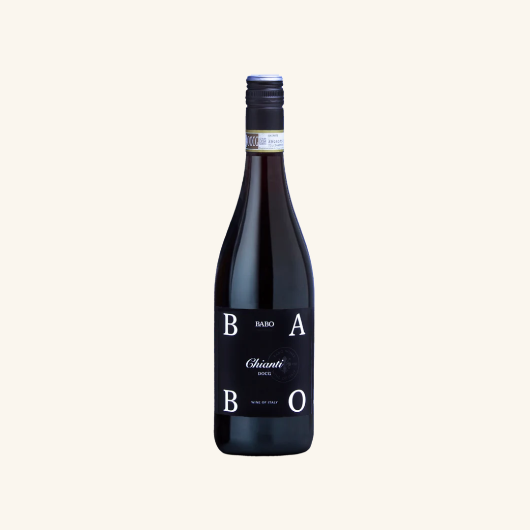 A bottle of Babo Chianti red wine with a label displaying the brand name and 'Chianti' region.