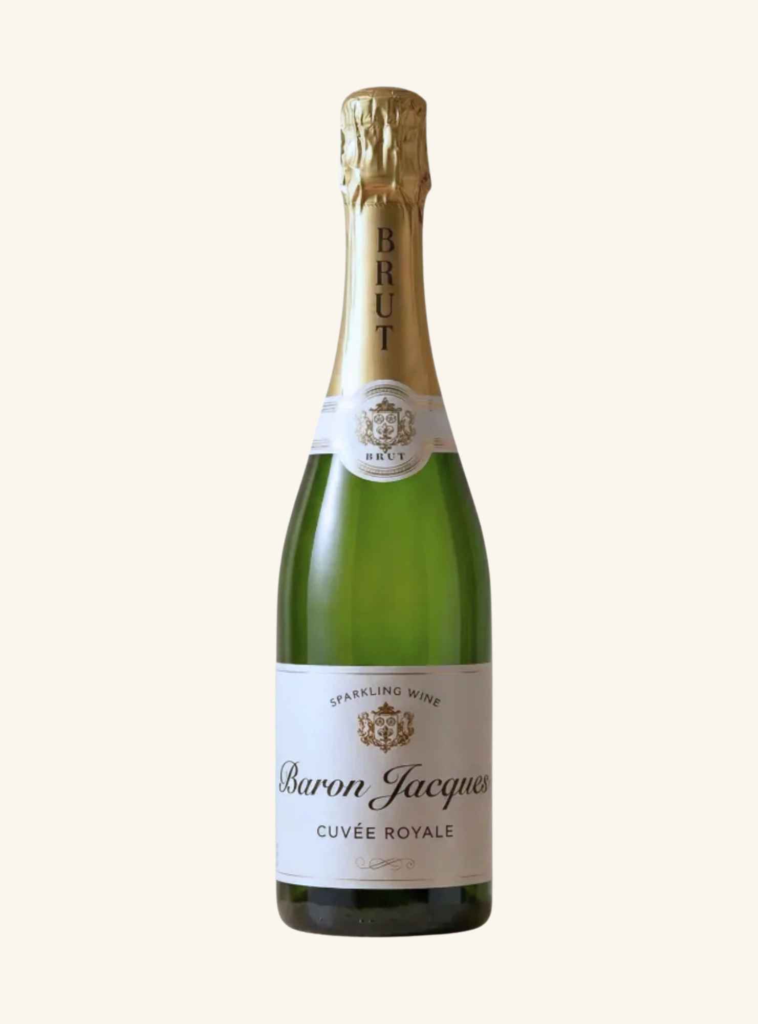 bottle of sparkling wine in a green bottle branded baron jacques cuvee royale on a white background.