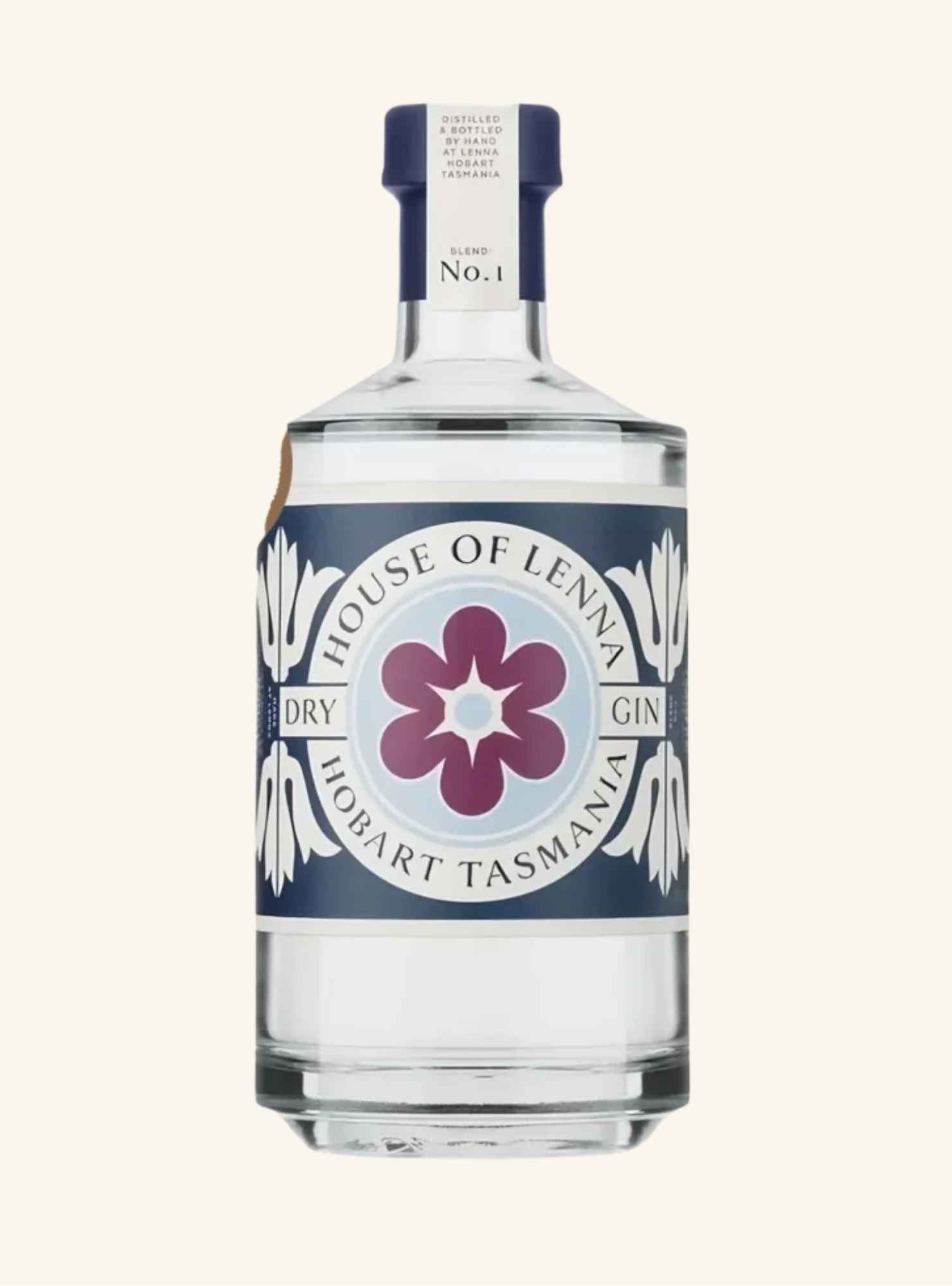 Bottle of House of Lenna Gin from Hobart tasmania with a blue label on a white background