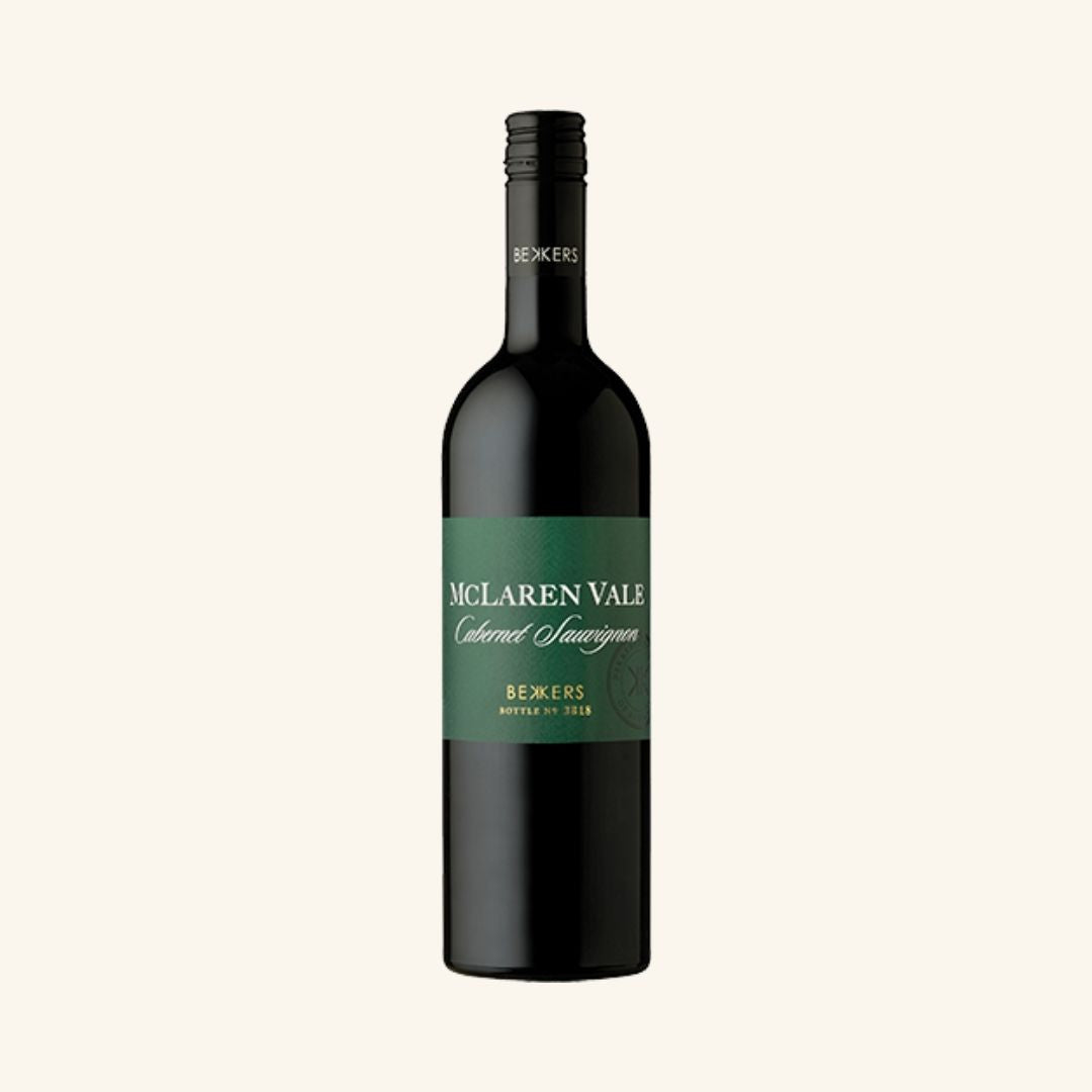 bottle of red wine with a green label branded mclaren vale cabernet sauvignon by bekkers, on a white background.