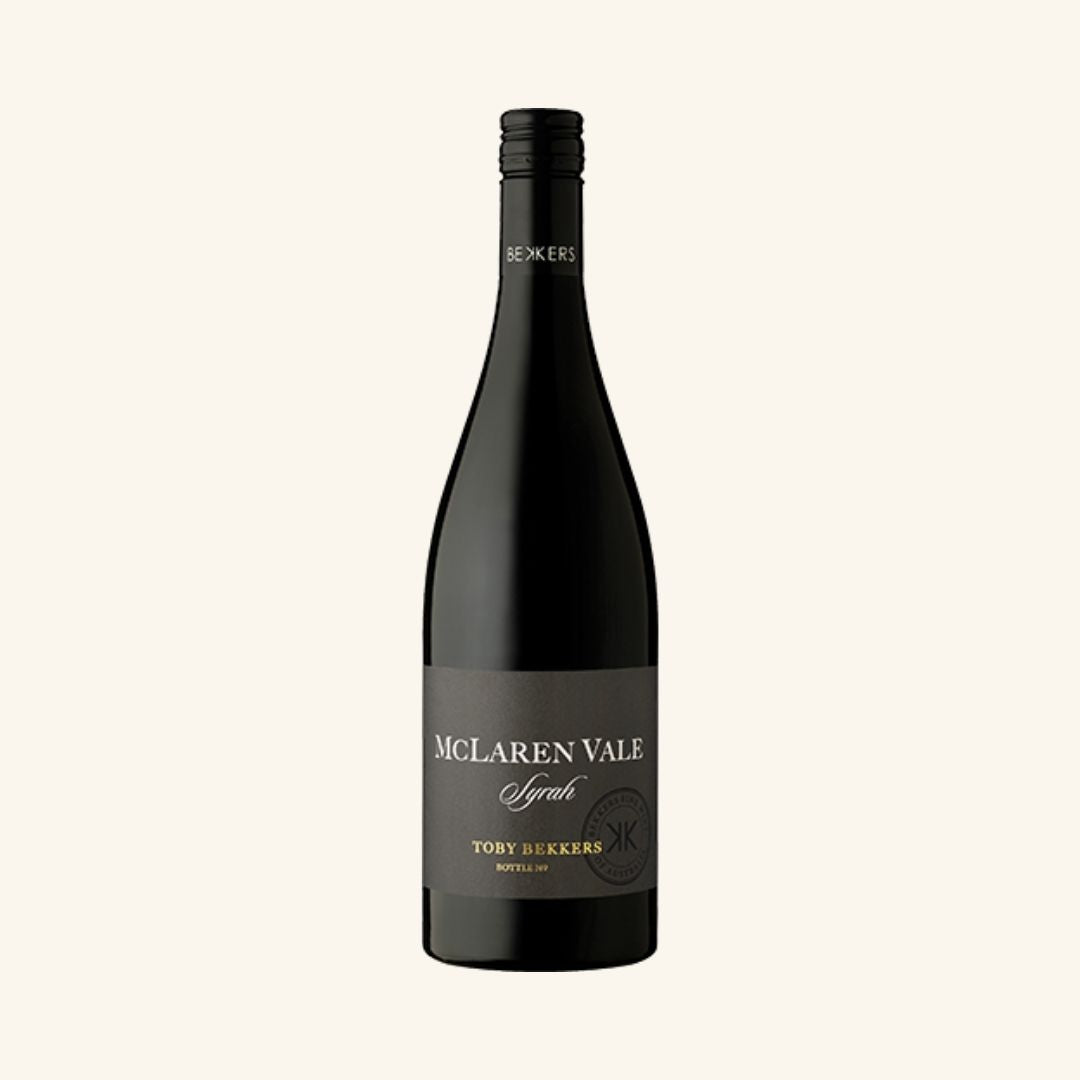 red wine bottle labeled toby Bekkers mclaren vale syrah, on a white background.