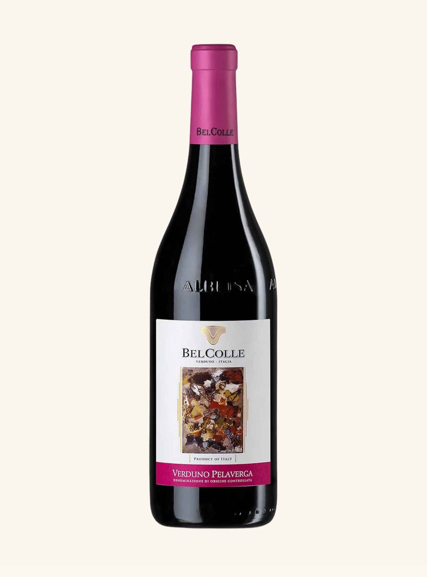 A bottle of Bel Colle Verduno pelaverga red wine, featuring a dark glass bottle with a magenta-pink foil capsule and a white label with a central food illustration, set against a solid cream background.