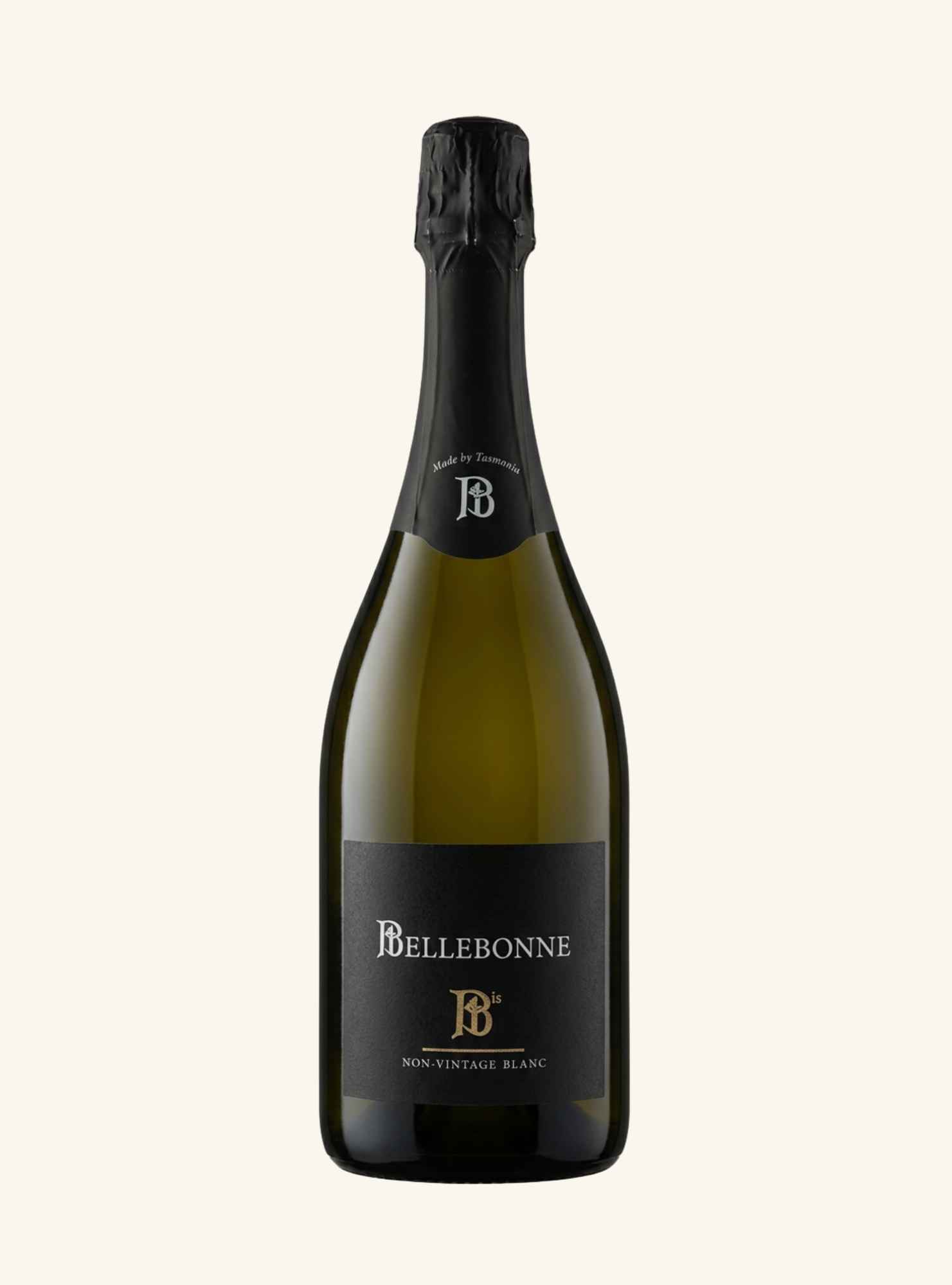 A bottle of Bellebonne bis Vintage Blanc sparkling wine with a black label and black foil, set against a solid off-white background.