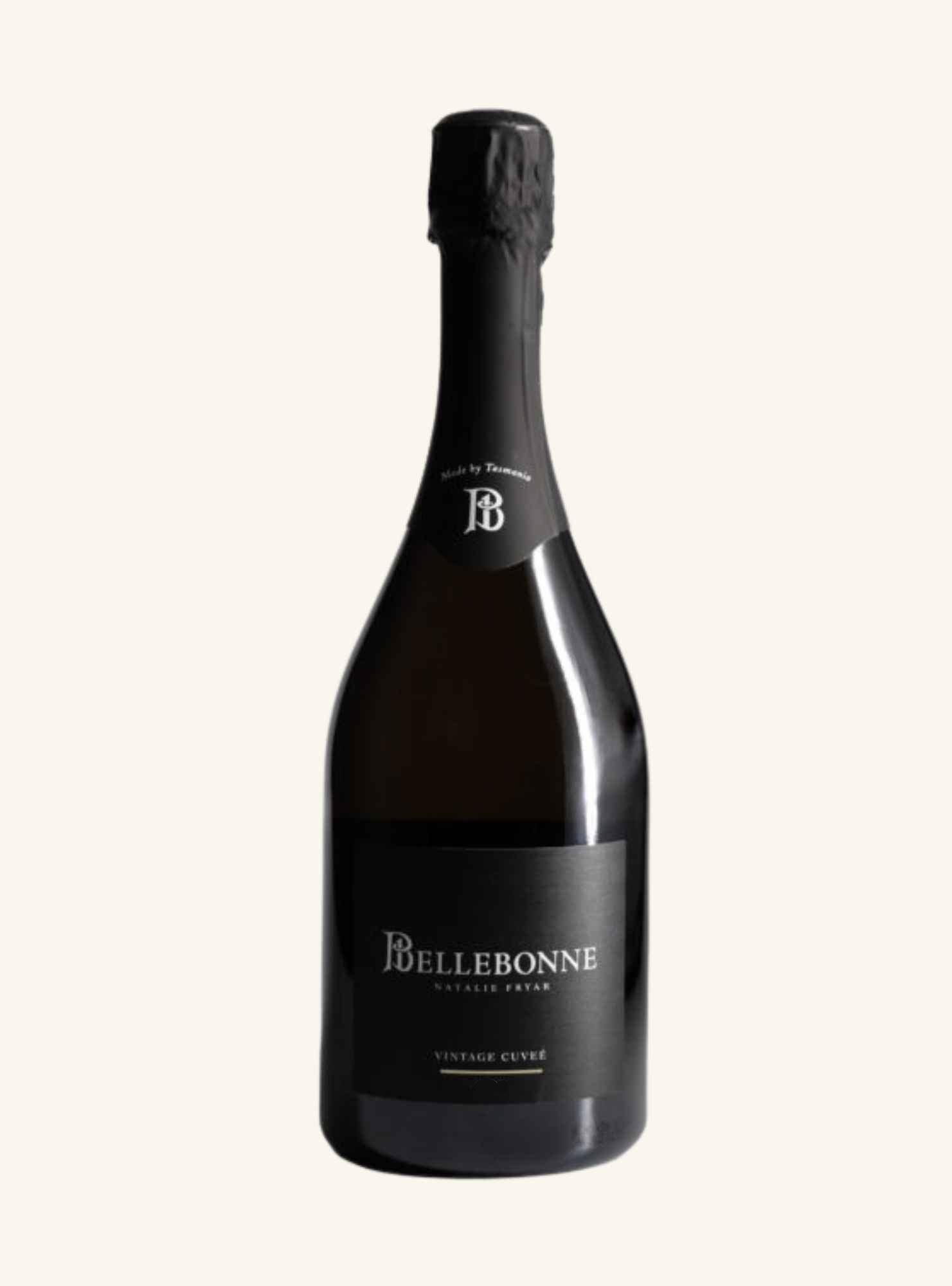 dark sparkling bottle with a black label branded bellebonne vintage cuvee on a white background.