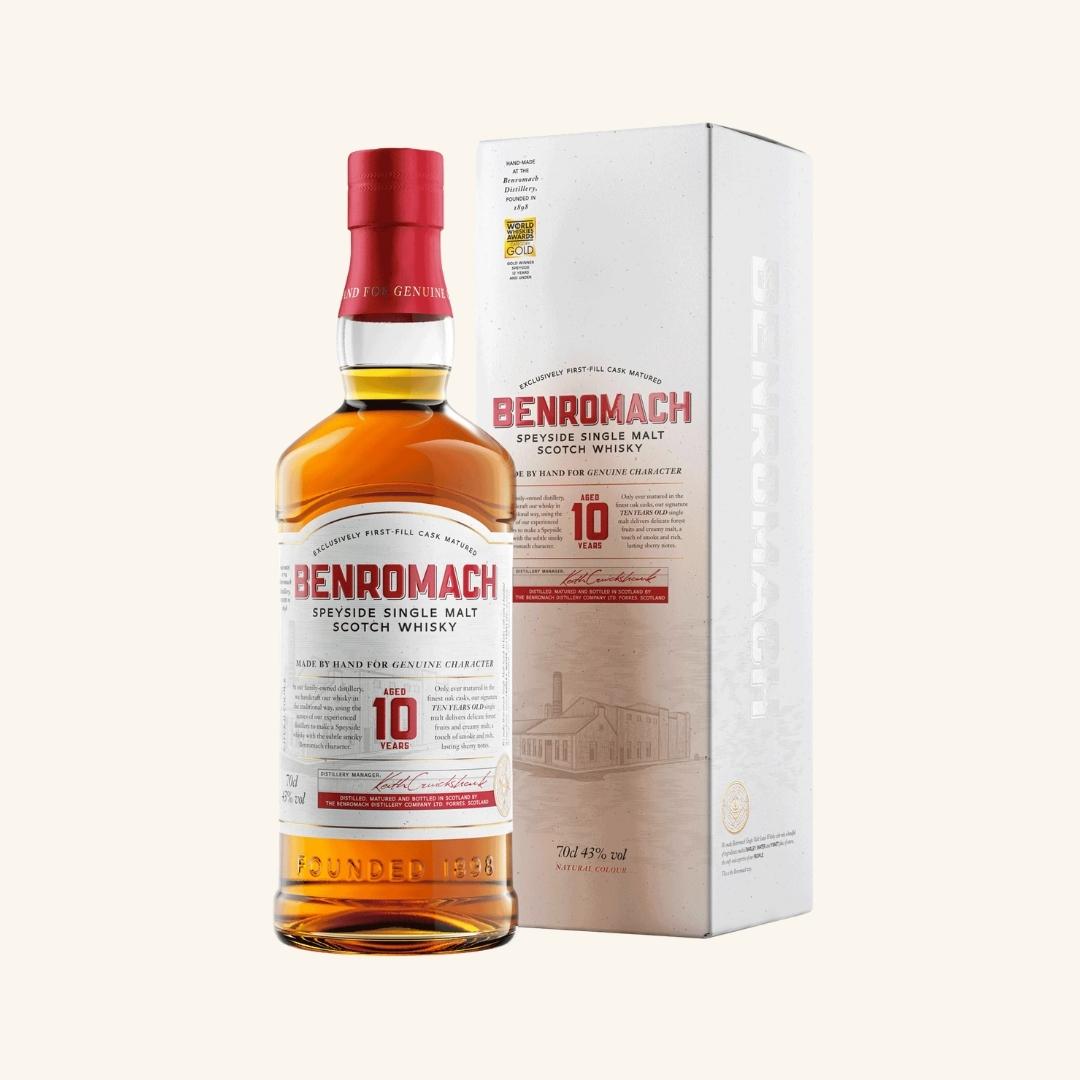 Benromach 10-year-old Scotch Whisky bottle and packaging on a white background