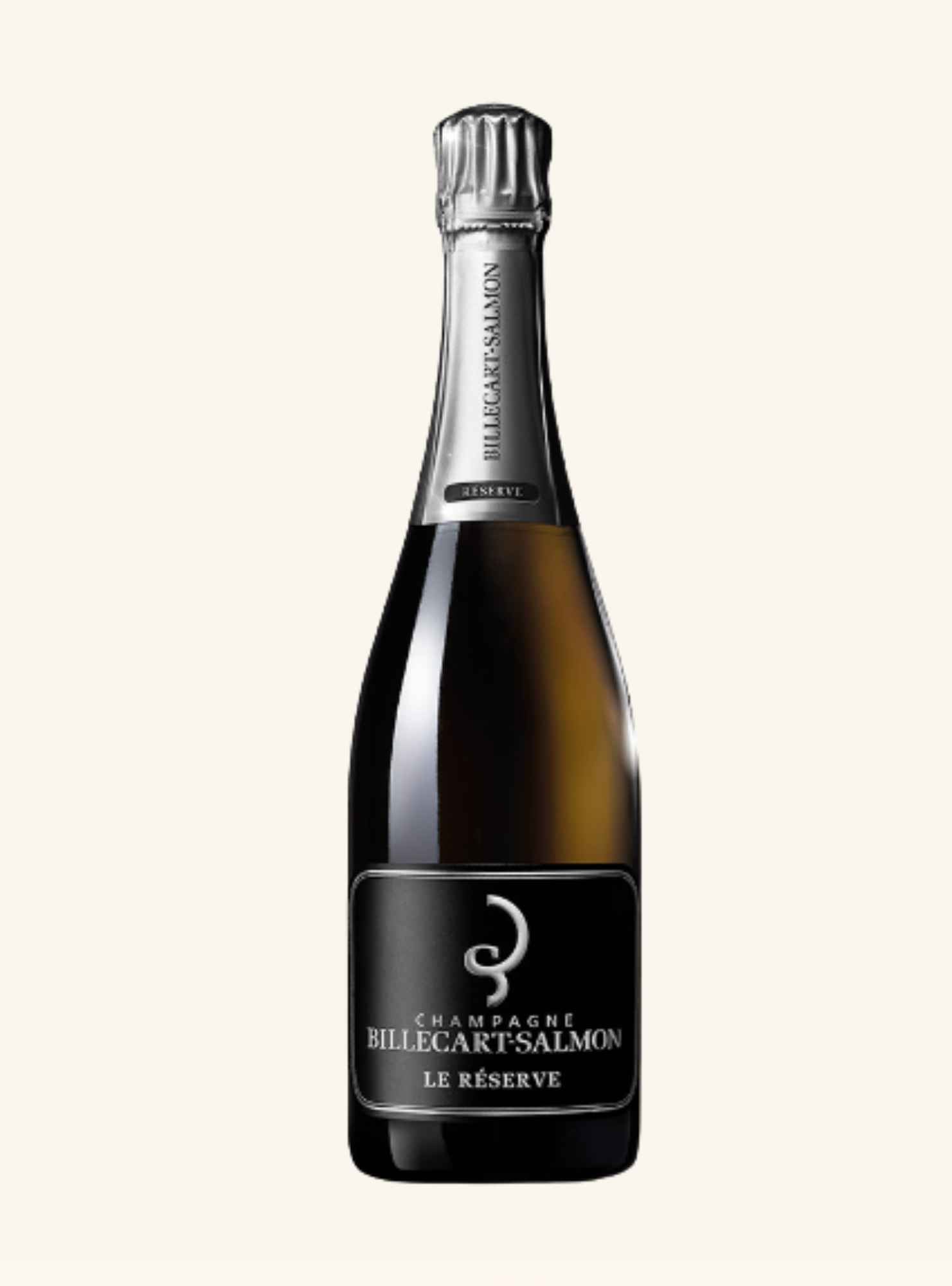 bottle of billecart salmon le reserve champagne with a black label and silver foil on a white background.